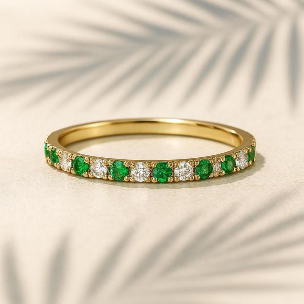 14k Gold Emerald Eternity Ring: Lab Grown Diamond Stackable Band