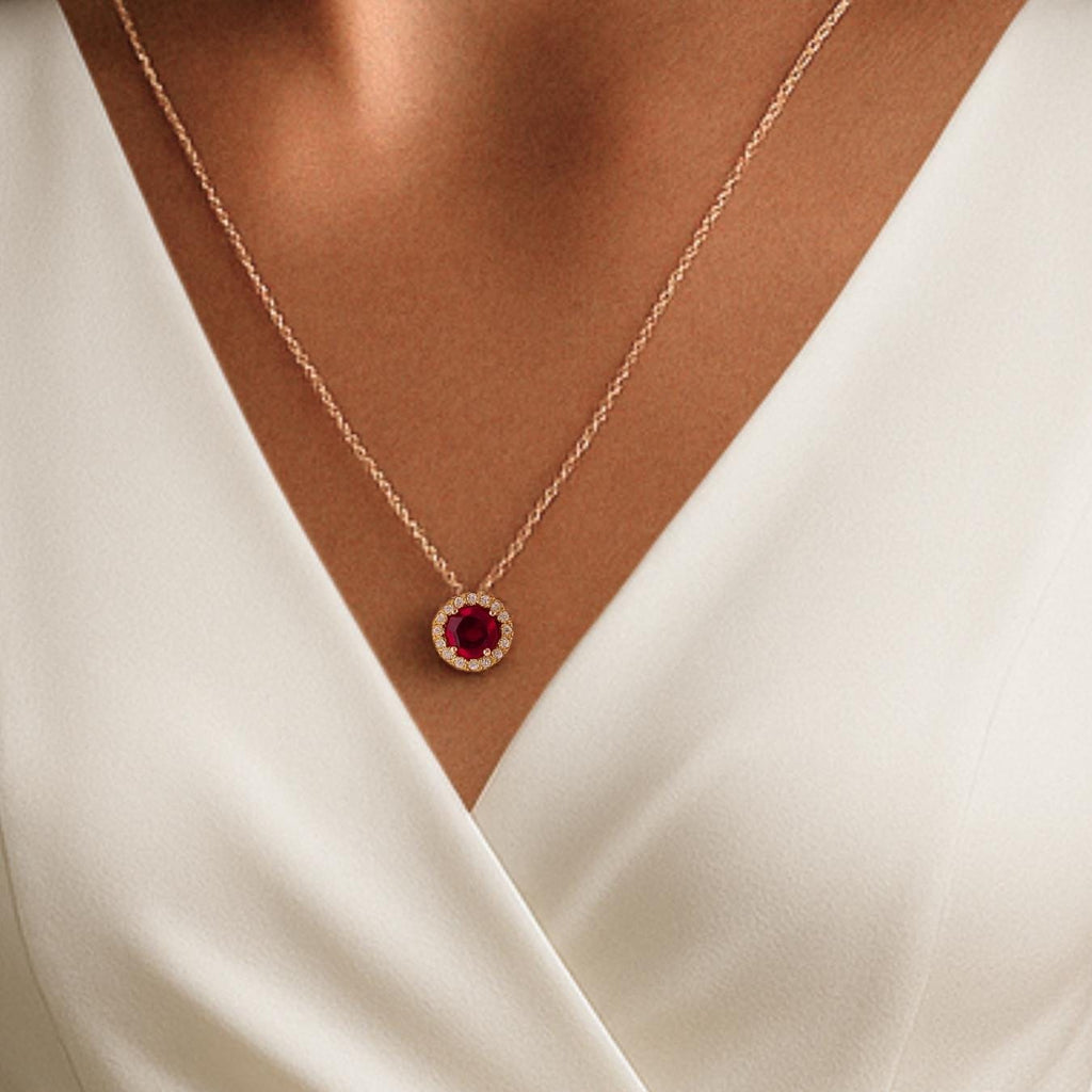 14K Solid Gold Ruby Necklace, Halo Lab Grown Diamond Pendant, Ruby Round Necklace