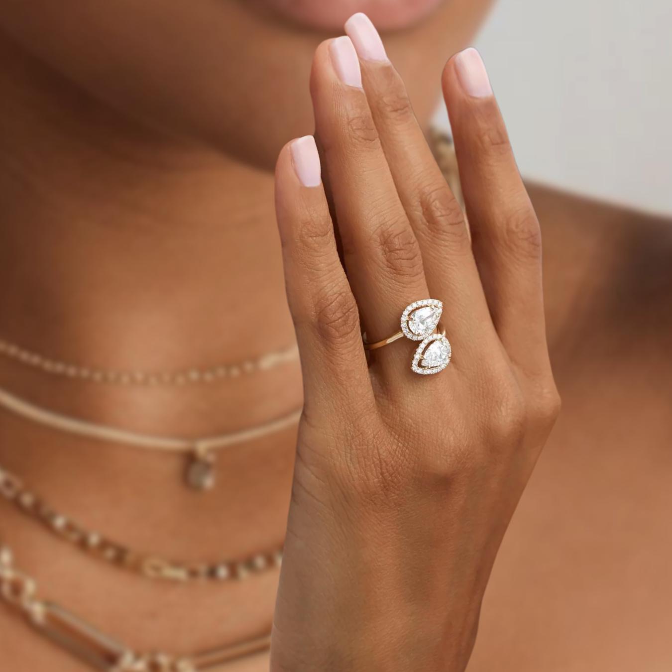 14K Cross Over Pear Shaped Halo Setting Lab Grown Diamond Ring, Two Stone Statement Ring, Birthday Gift