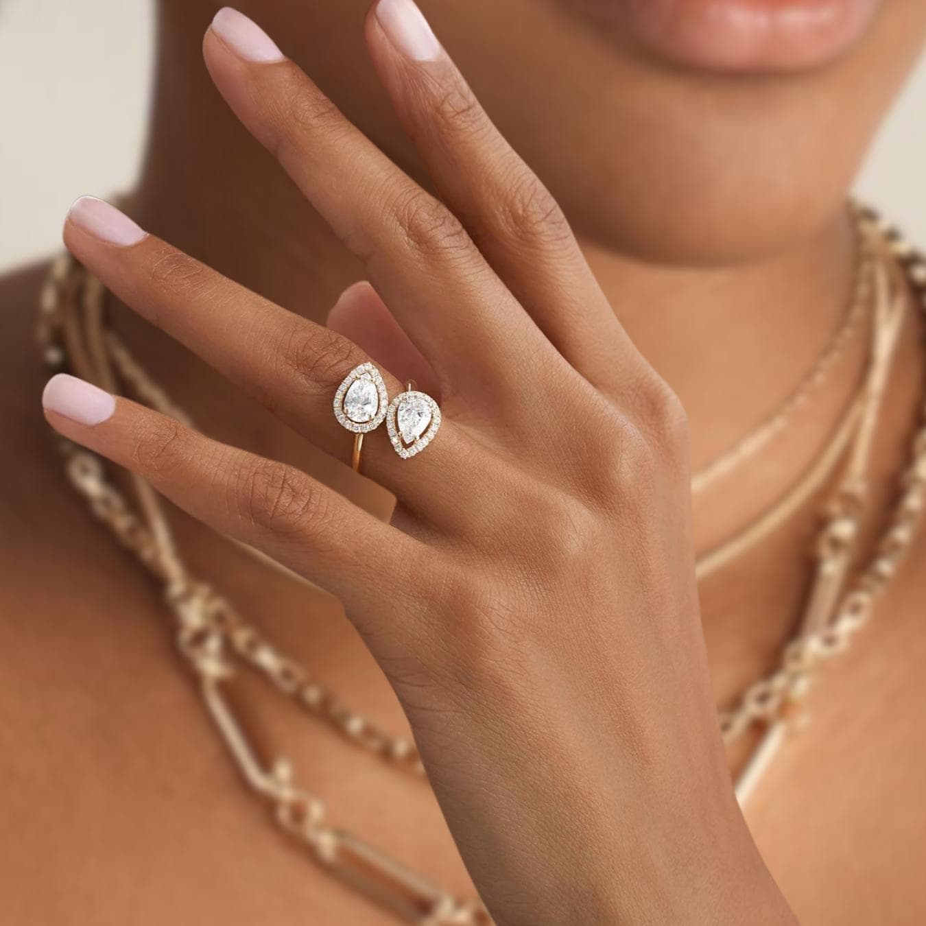 14K Cross Over Pear Shaped Halo Setting Lab Grown Diamond Ring, Two Stone Statement Ring, Birthday Gift