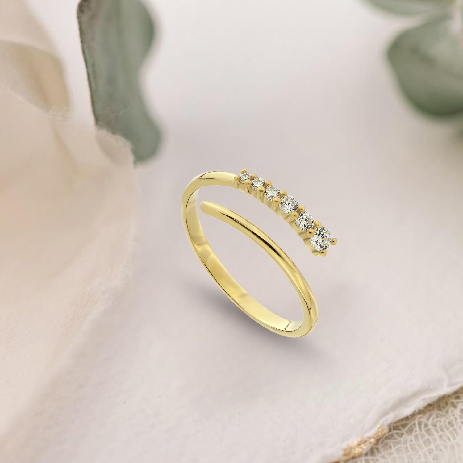 14K Solid Gold Spiral Open Ring, Lab Diamond Wrap Around Ring