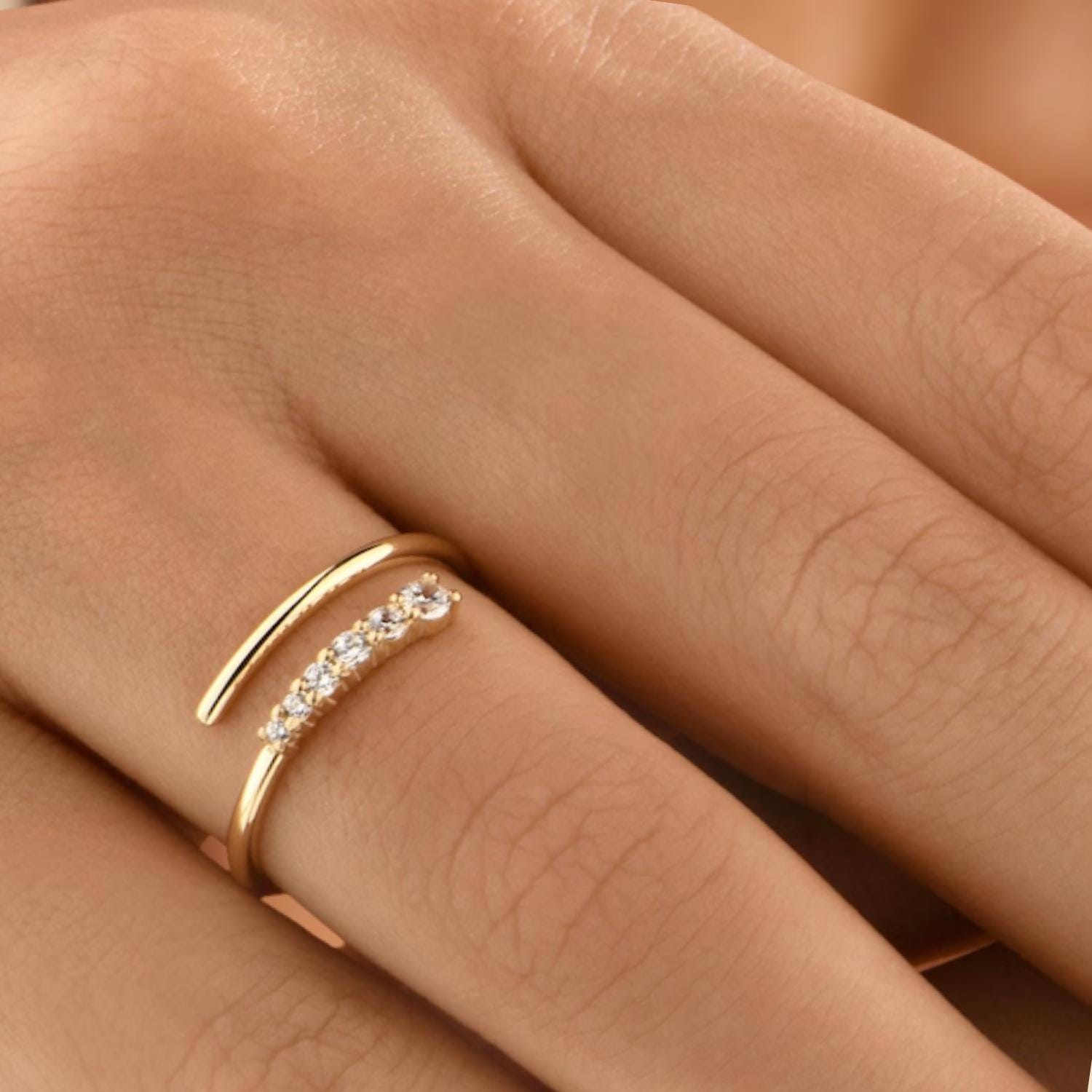 14K Solid Gold Spiral Open Ring, Lab Diamond Wrap Around Ring