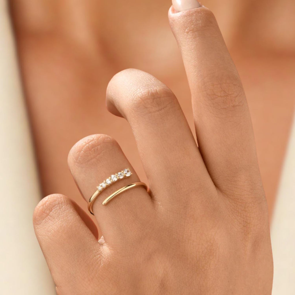 14K Solid Gold Spiral Open Ring, Lab Diamond Wrap Around Ring
