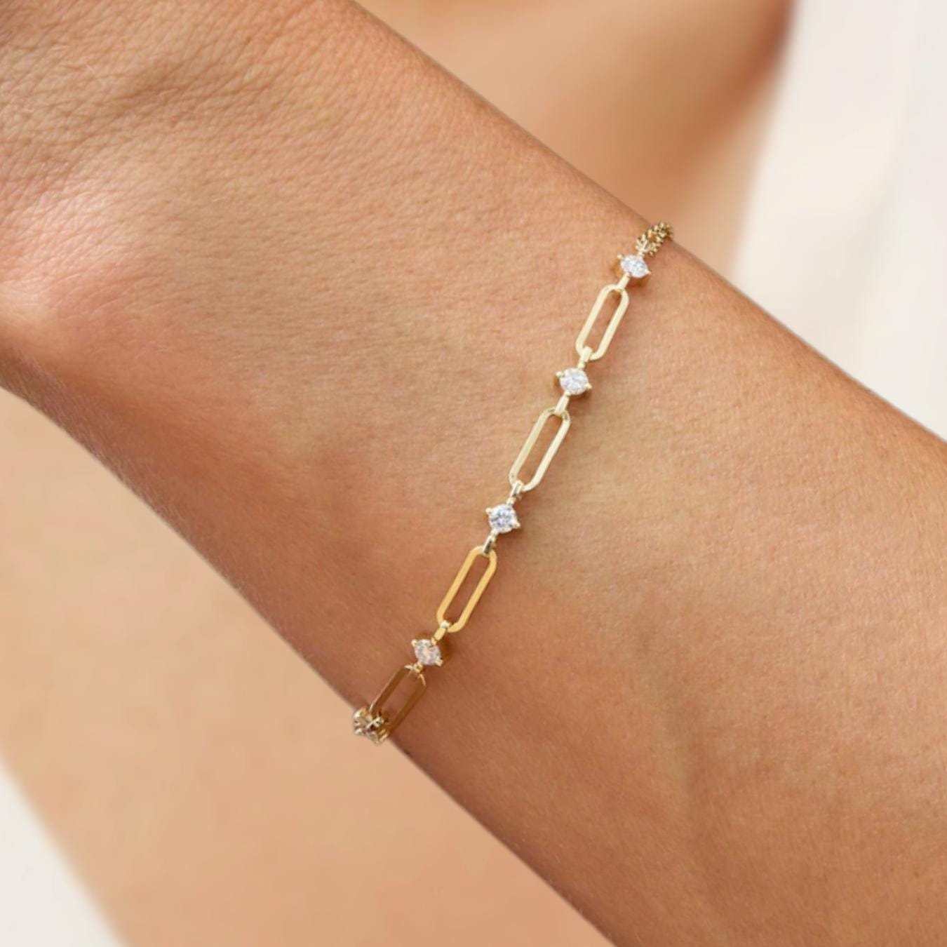 0.47CT Paperclip Lab Grown Diamond Station Bracelet, 14K Gold Chain Link Bracelet