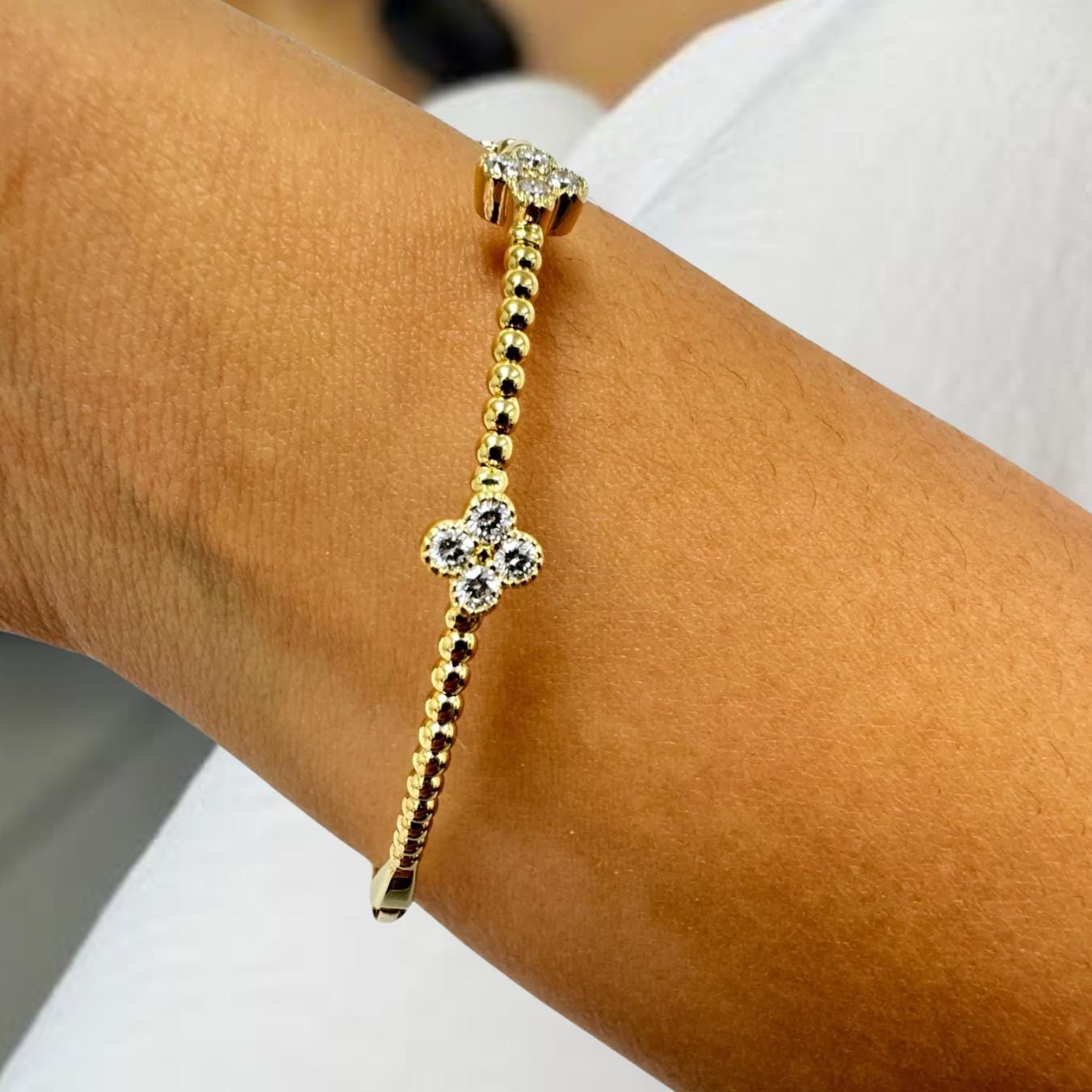 1TCW Lab Grown Diamond Bracelet, Beaded Flexible Bangle, Flower Cluster, 14k Solid Yellow White Rose Gold, Flexible Diamond Bangle