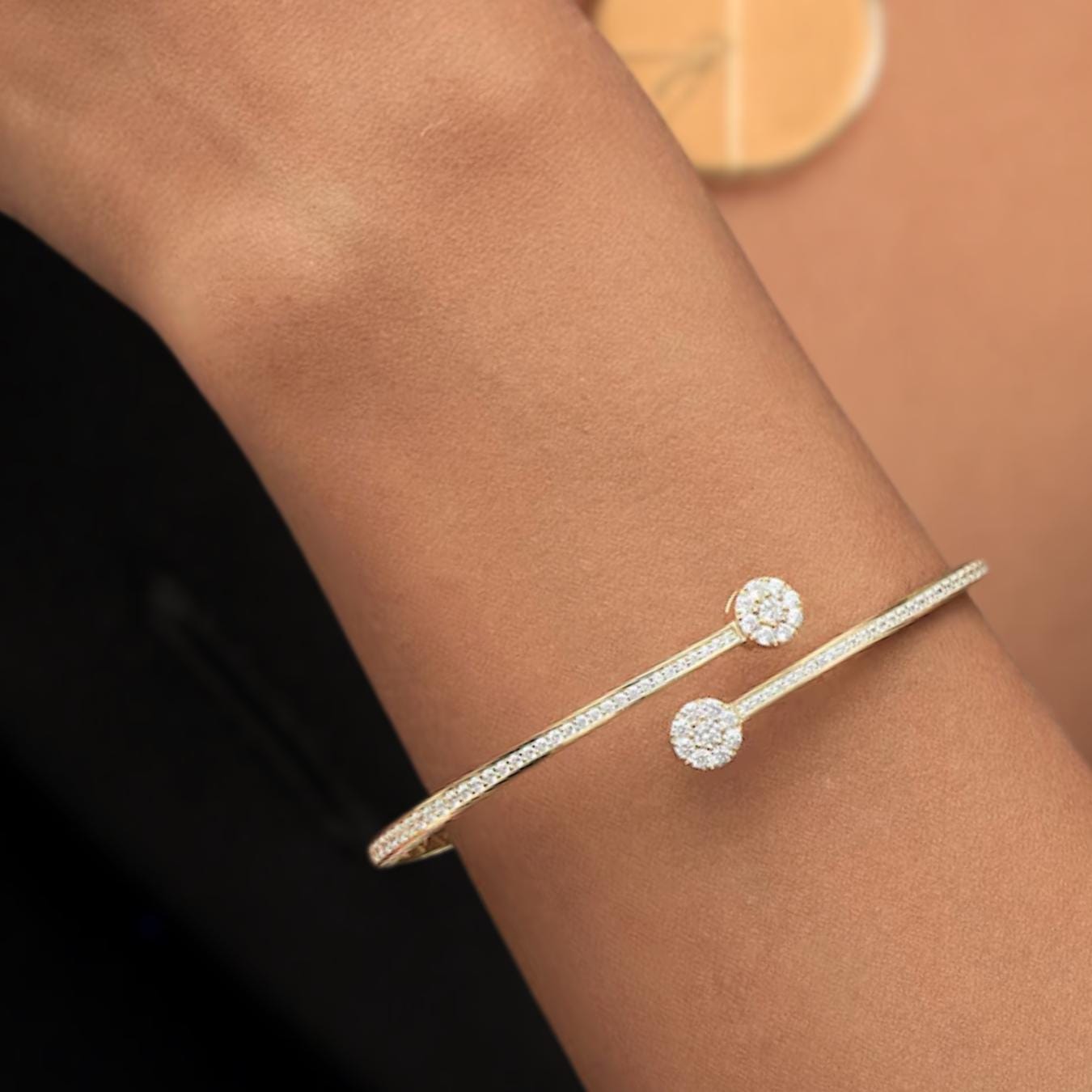 Diamond Open Cuff Bangle, 14K Gold Cluster Lab Grown Diamond Bracelet, Statement Bangle