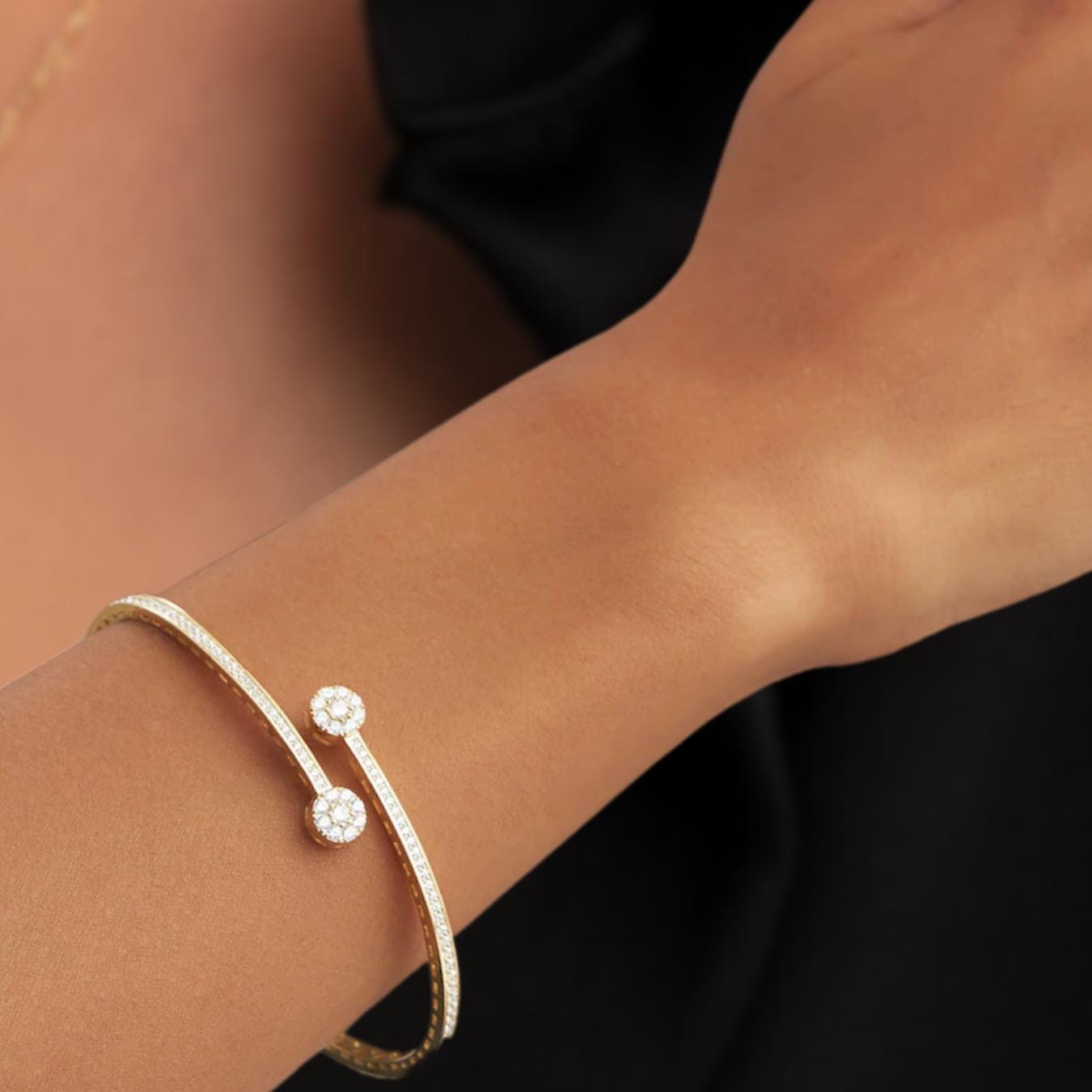 Diamond Open Cuff Bangle, 14K Gold Cluster Lab Grown Diamond Bracelet, Statement Bangle