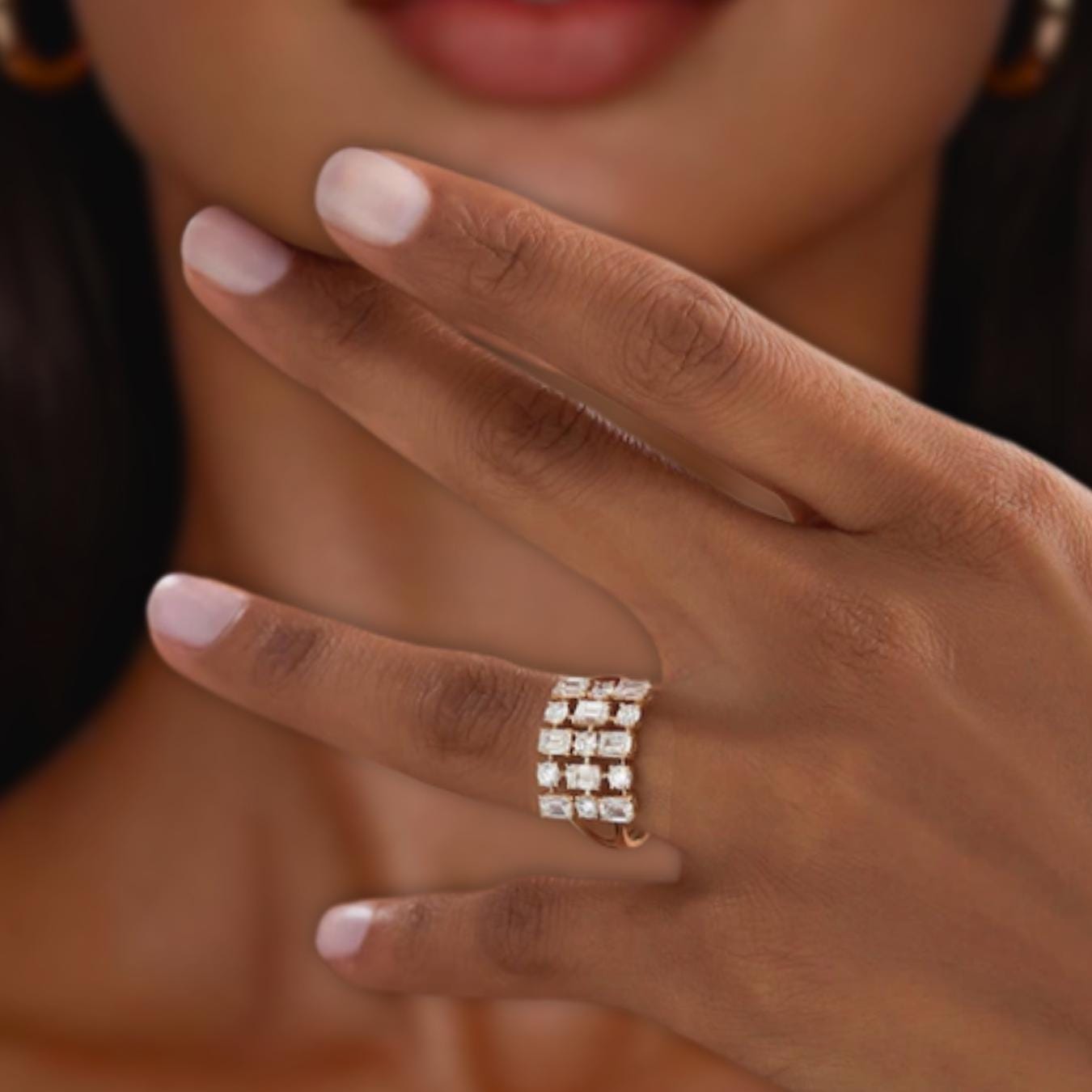 Unique Multi-Stone Three Row Fashion Cocktail Ring Lab Grown Diamond Ring, Wedding Ring For Women