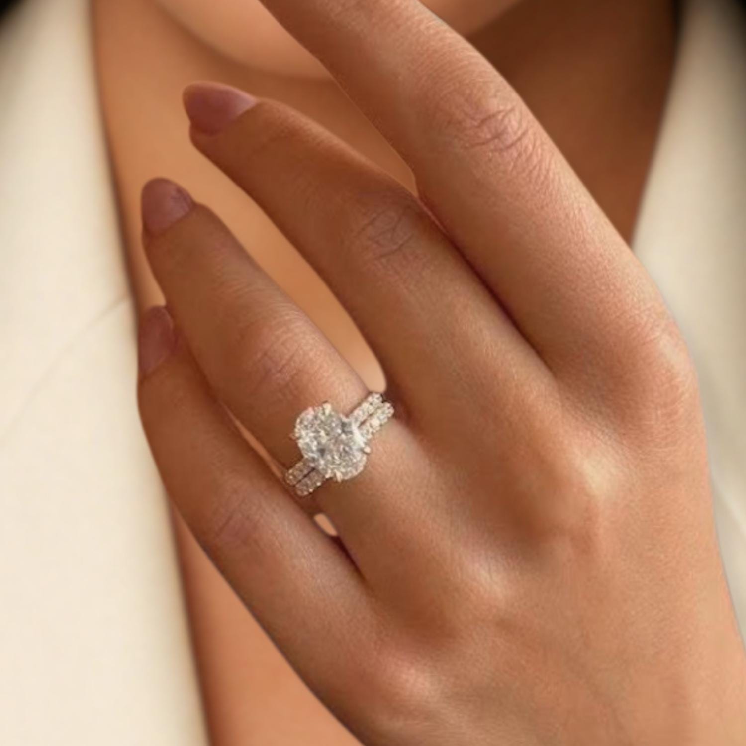 4.50 Carat Oval Cut Lab Grown Diamond Solitaire Engagement Ring Set, 14K Gold Matching Round Diamond Wedding Band