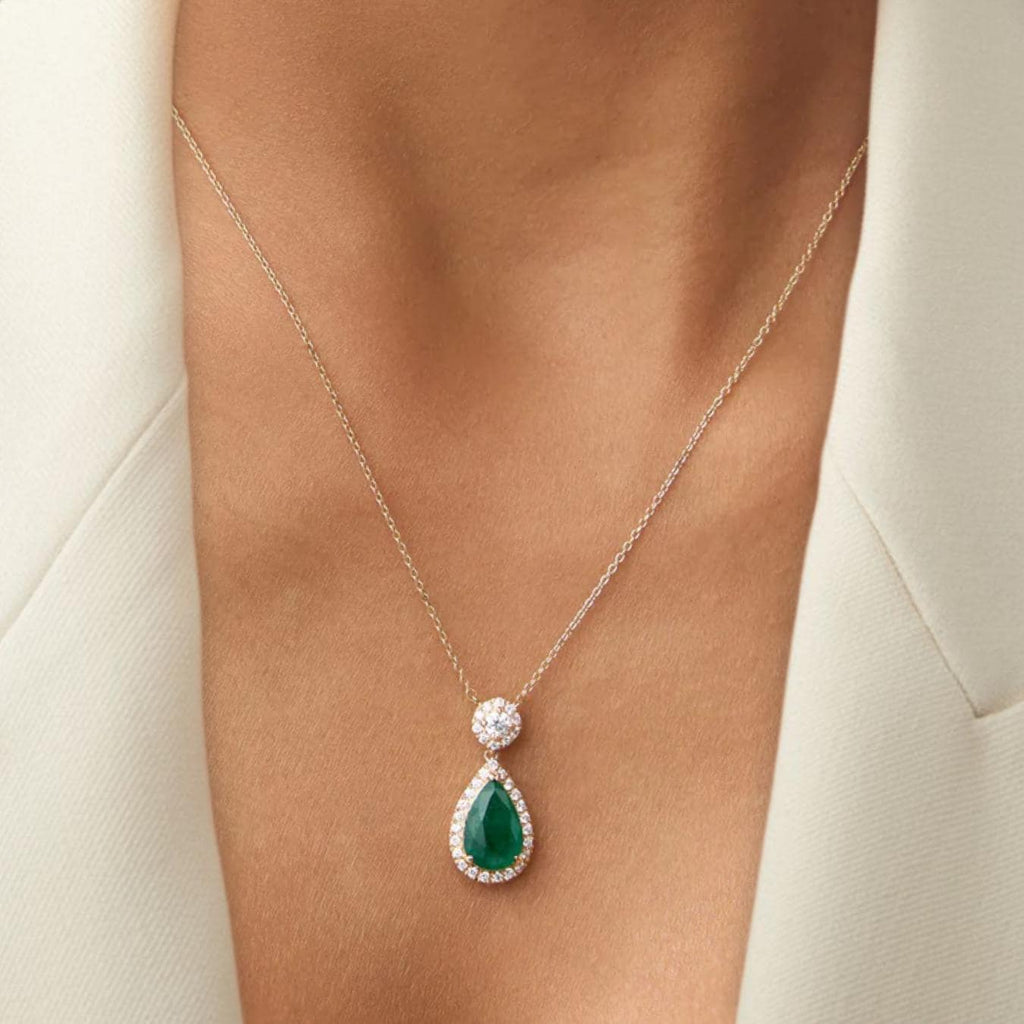 14k Solid Gold Birthstone Pendant / Pear Shape Emerald and lab grown diamond Halo Necklace / Personalized Gift For Mom / Custom Made Gift