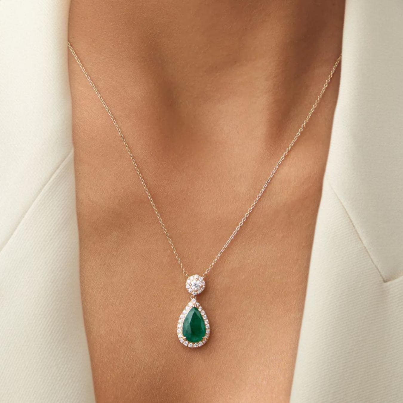 14k Solid Gold Birthstone Pendant / Pear Shape Emerald and lab grown diamond Halo Necklace / Personalized Gift For Mom / Custom Made Gift