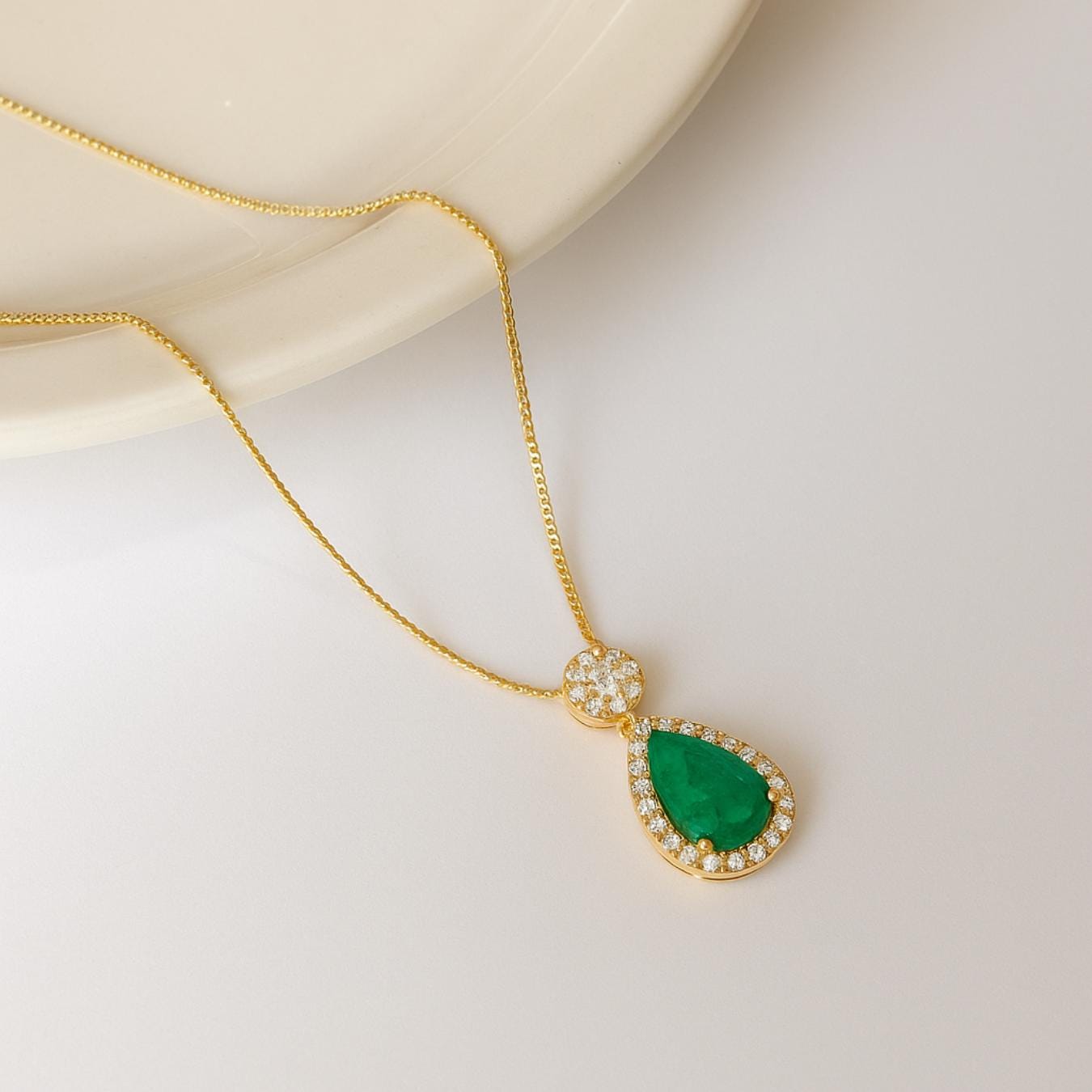 14k Solid Gold Birthstone Pendant / Pear Shape Emerald and lab grown diamond Halo Necklace / Personalized Gift For Mom / Custom Made Gift