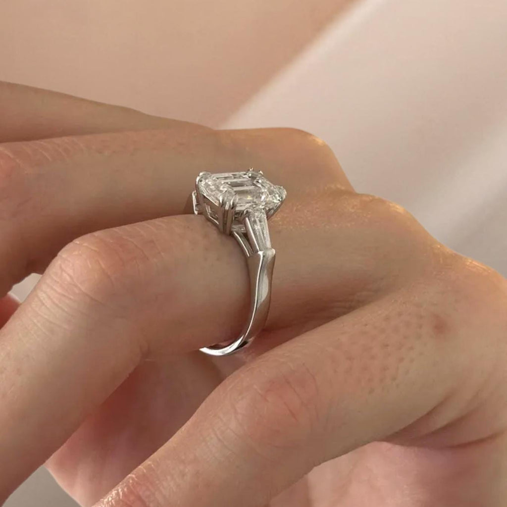 Emerald Cut Lab Grown Diamond Engagement Ring, 14K Solid Gold Three Stone Ring with Tapered Baguette Diamond