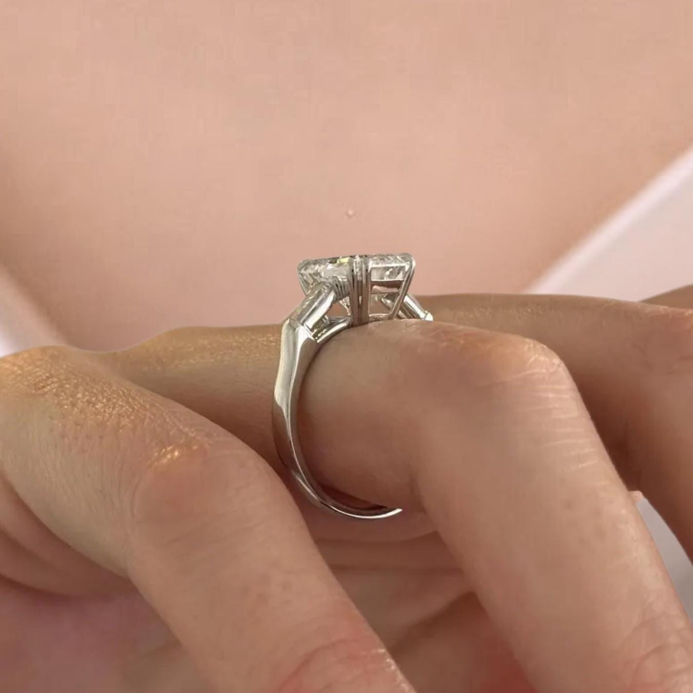 Emerald Cut Lab Grown Diamond Engagement Ring, 14K Solid Gold Three Stone Ring with Tapered Baguette Diamond