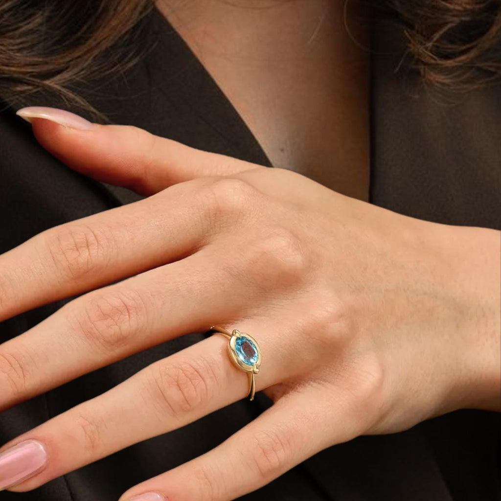 14k Solid Gold Bezel Topaz Ring, Chunky Blue Topaz Anniversary Ring, Oval Solitaire Ring Women, Gemstone Ring, Handmade