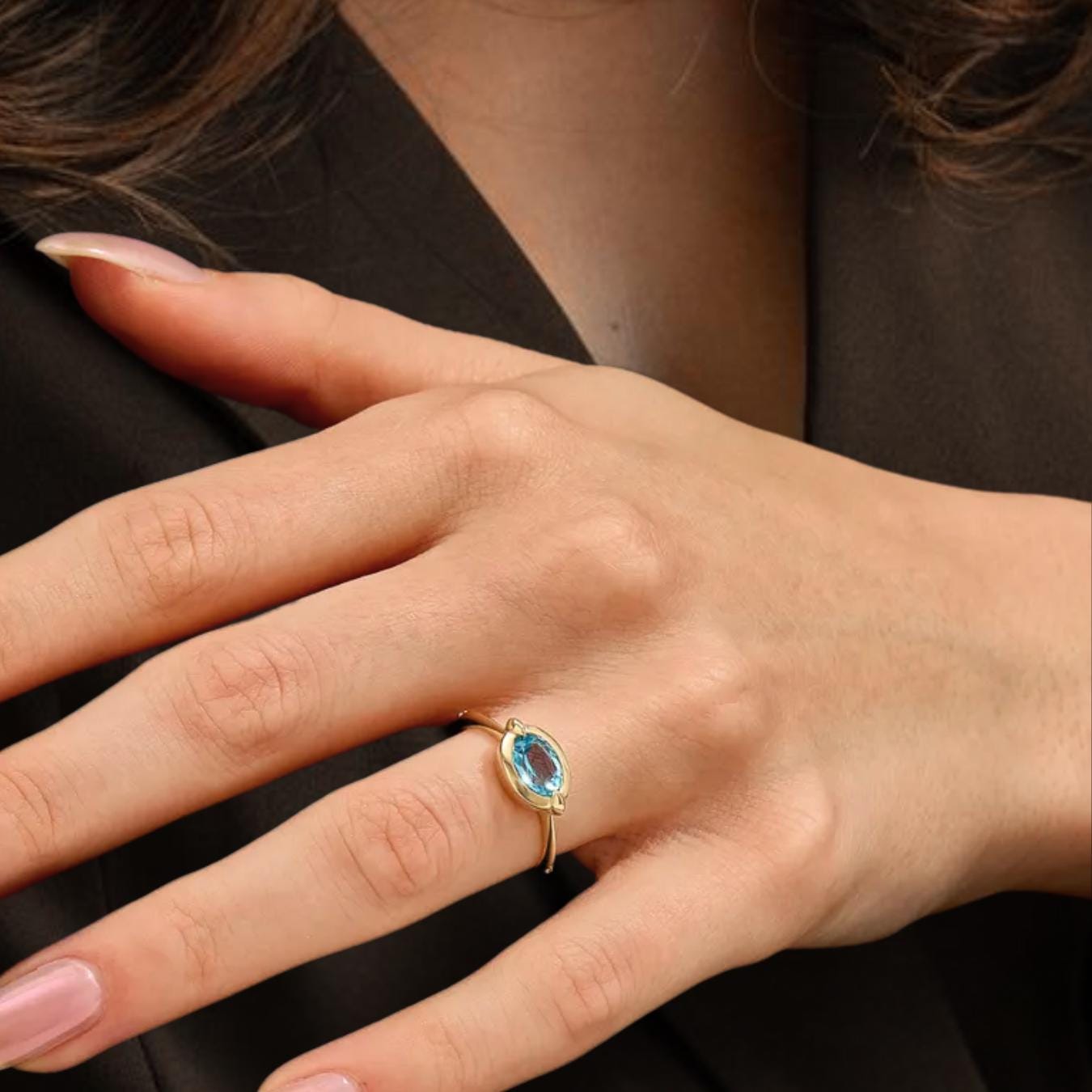 14k Solid Gold Bezel Topaz Ring, Chunky Blue Topaz Anniversary Ring, Oval Solitaire Ring Women, Gemstone Ring, Handmade