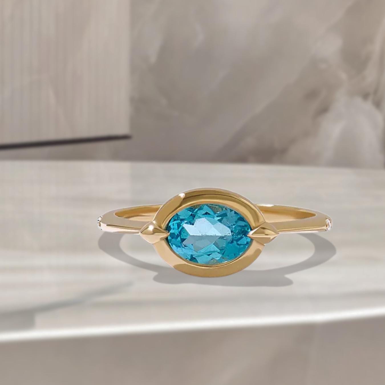14k Solid Gold Bezel Topaz Ring, Chunky Blue Topaz Anniversary Ring, Oval Solitaire Ring Women, Gemstone Ring, Handmade
