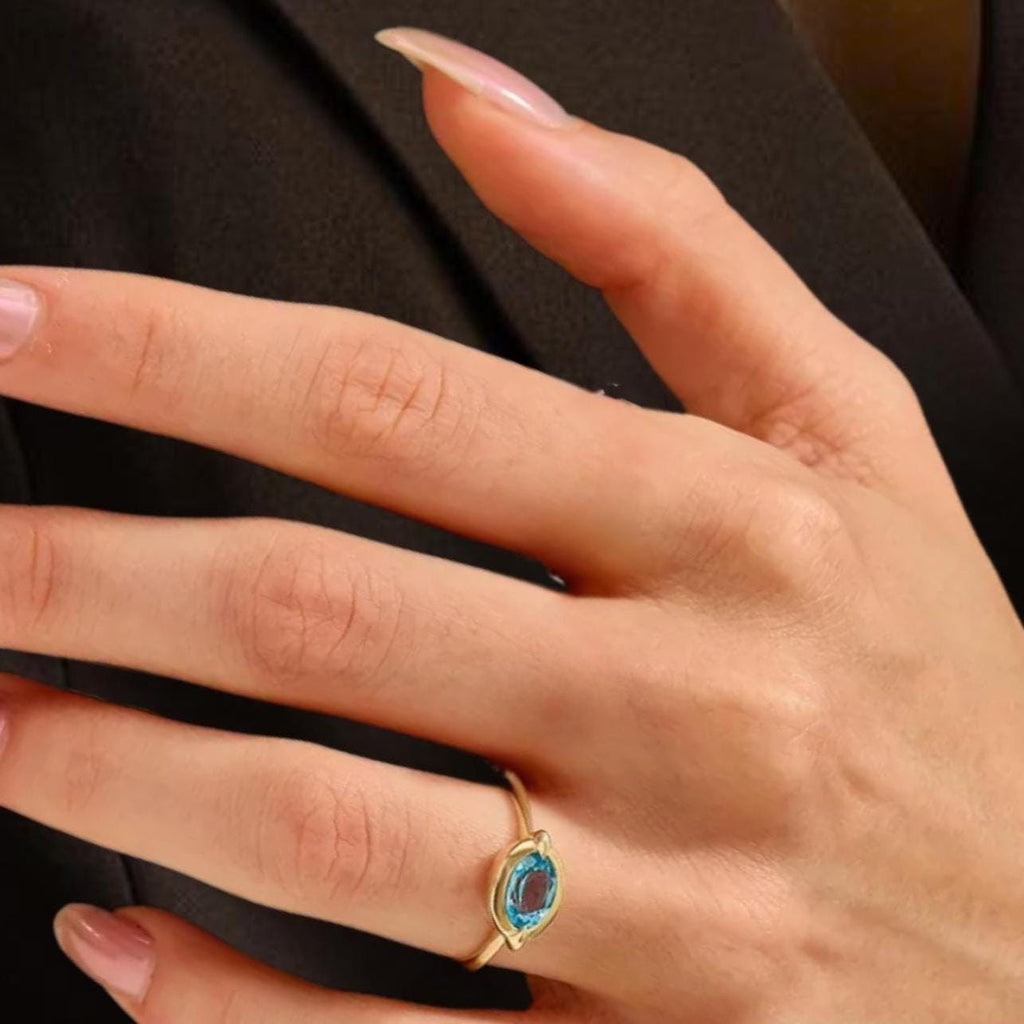 14k Solid Gold Bezel Topaz Ring, Chunky Blue Topaz Anniversary Ring, Oval Solitaire Ring Women, Gemstone Ring, Handmade
