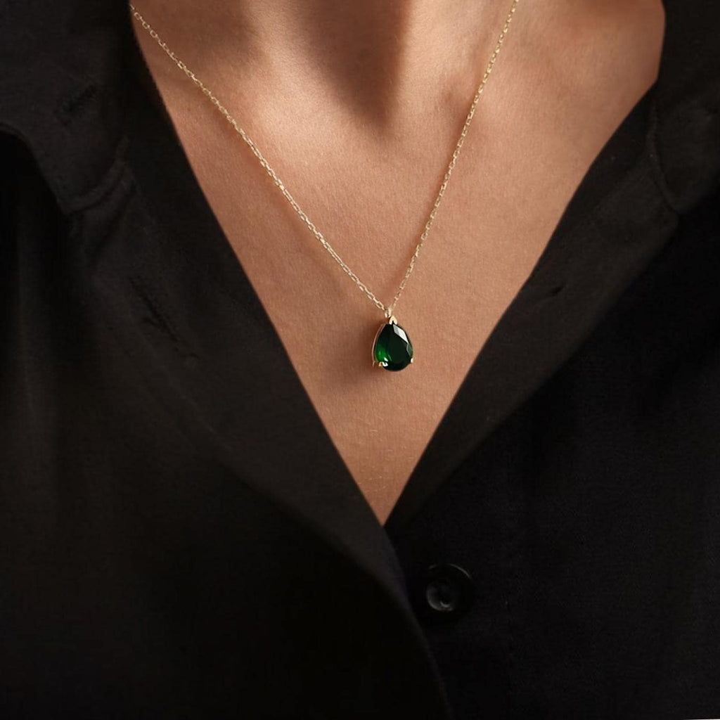 Emerald Green Necklace, May Birthstone Pendant, Solid Gold Emerald Necklace, Teardrop Emerald Jewelry, Minimalist Necklace, Mother's Day