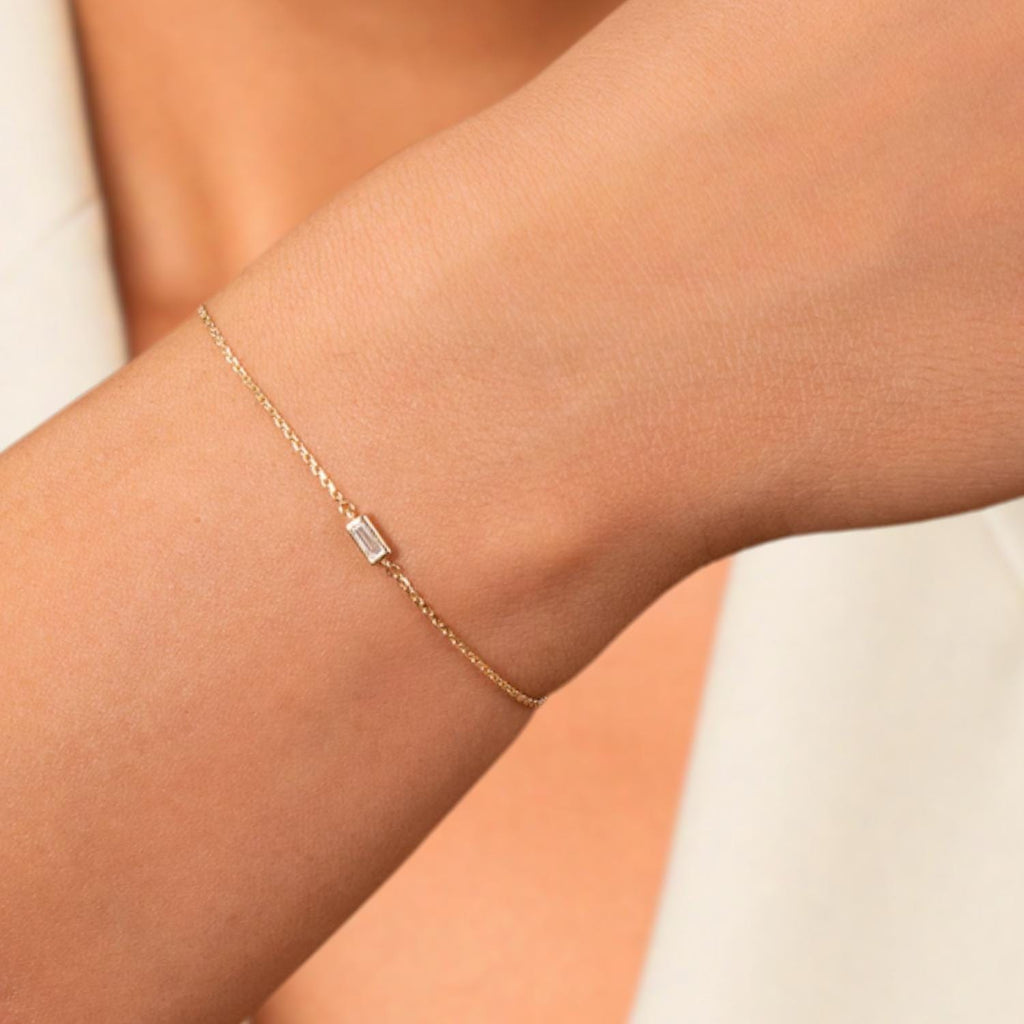 14K Gold Lab Grown Diamond Baguette Bracelet, Gift for Her