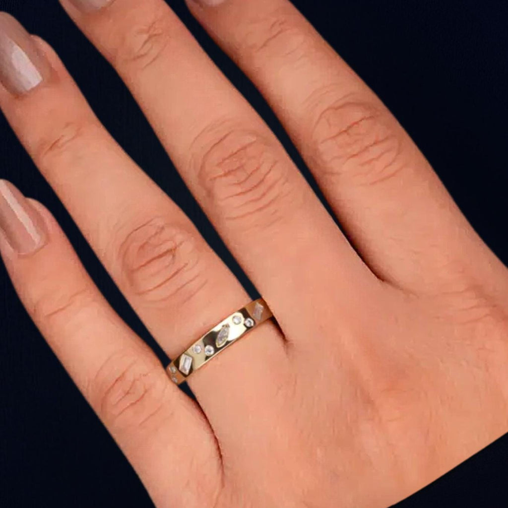 Mix Shape 14K Gold Flush set Wedding Band With Lab Grown Diamond Multi Shape Cluster Eternity Band for Her