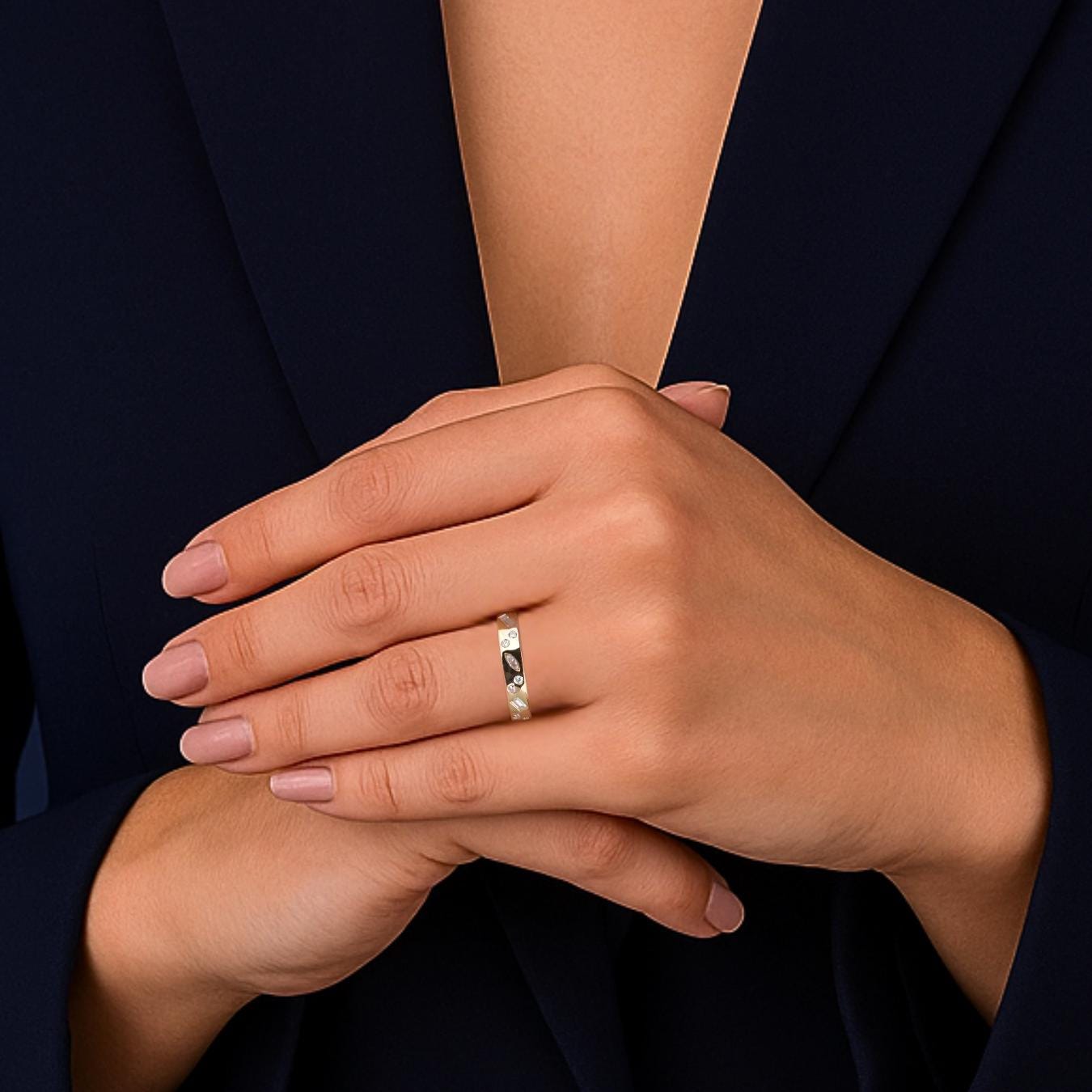 Mix Shape 14K Gold Flush set Wedding Band With Lab Grown Diamond Multi Shape Cluster Eternity Band for Her