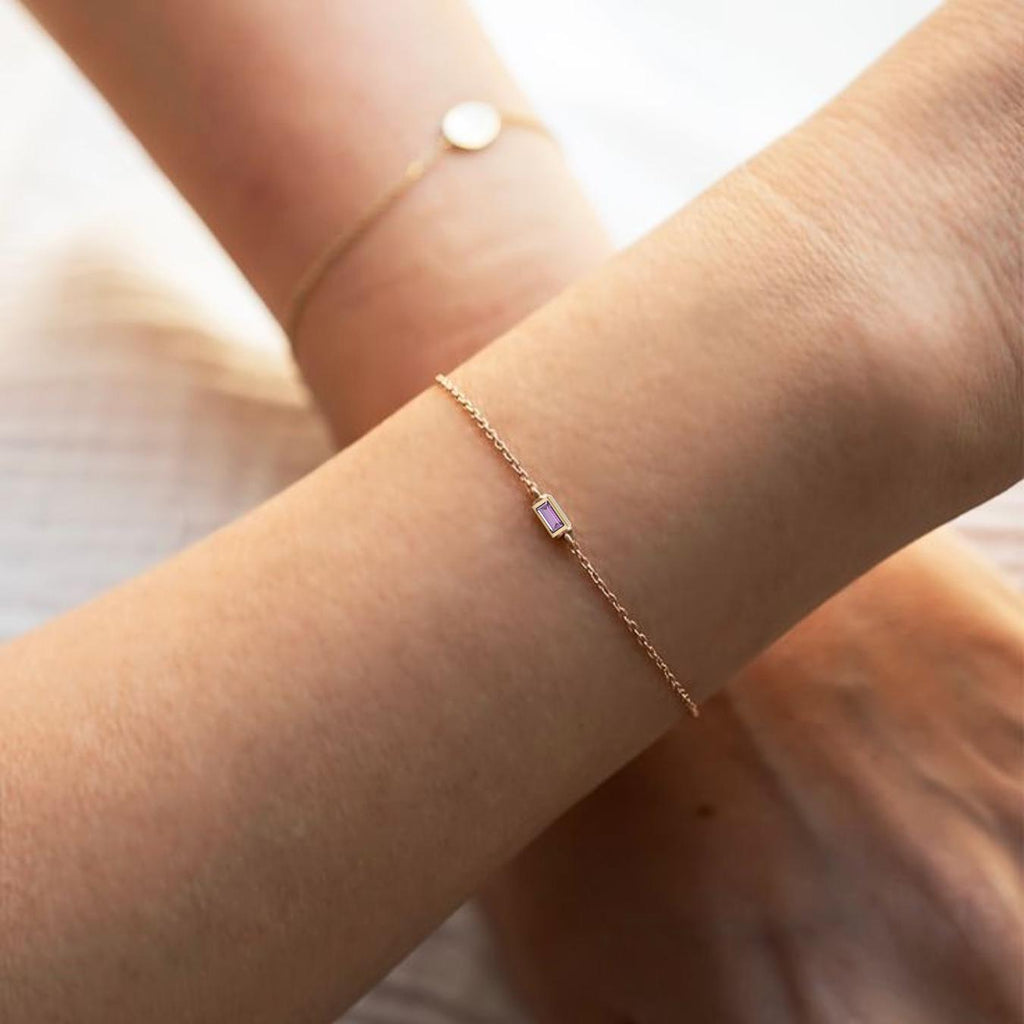 14k Gold Amethyst Bracelet, Baguette Gemstone Stone with Bezel Setting, February Birthstone, Birthstone Jewelry, 14k Dainty Bracelet