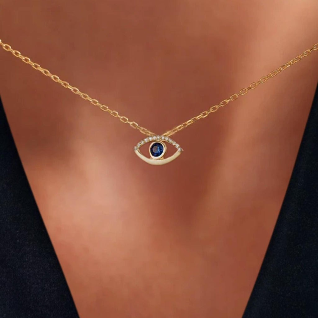 Diamond Evil Eye Necklace for Women | 14k Real Solid Gold | Sapphire Evil Eye Charm | Nazar Evil Eye Diamond Pendant | Gift for Her