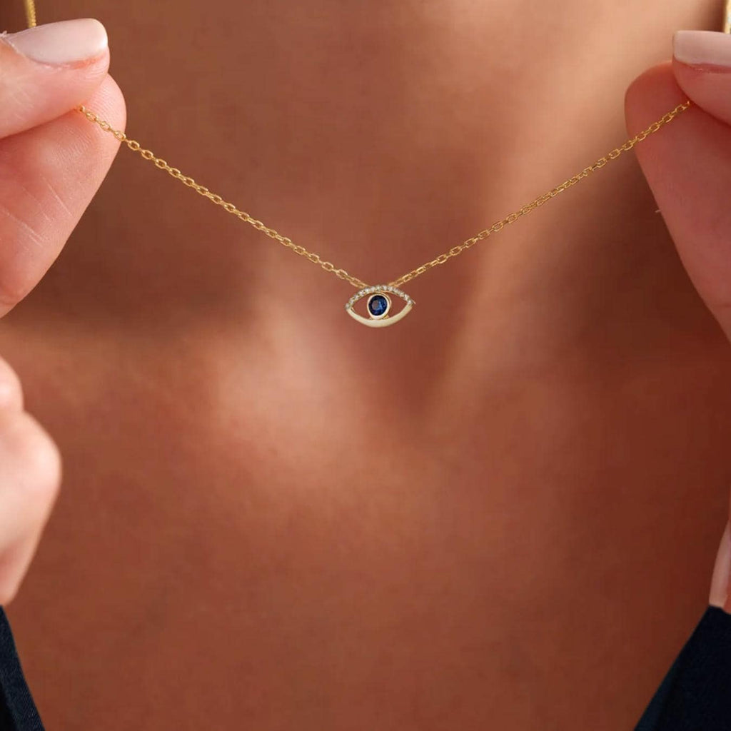 Diamond Evil Eye Necklace for Women | 14k Real Solid Gold | Sapphire Evil Eye Charm | Nazar Evil Eye Diamond Pendant | Gift for Her