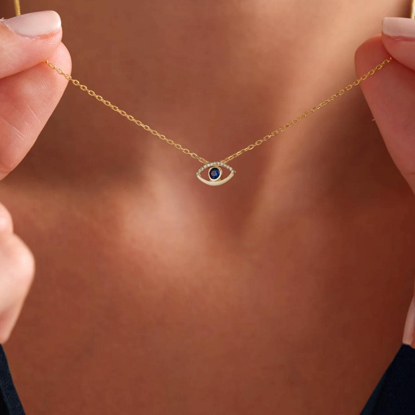 Diamond Evil Eye Necklace for Women | 14k Real Solid Gold | Sapphire Evil Eye Charm | Nazar Evil Eye Diamond Pendant | Gift for Her
