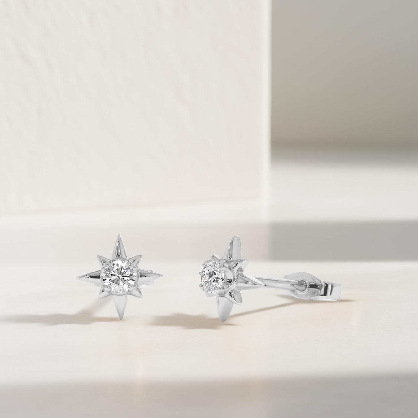 14K Gold Diamond North Star Stud Earrings: Minimalist Starburst Design