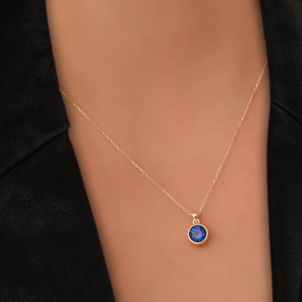 Round Sapphire Bezel Necklace 14K Solid Gold, May Birthstone Charm Pendant, Perfect Gift for mom , Birthdays and Special Occasions