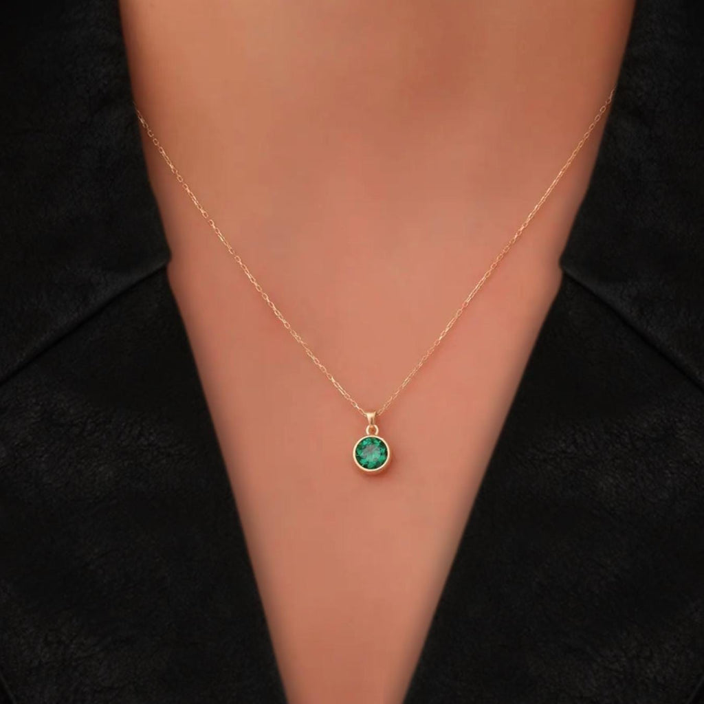 Round Sapphire Bezel Necklace 14K Solid Gold, May Birthstone Charm Pendant, Perfect Gift for mom , Birthdays and Special Occasions