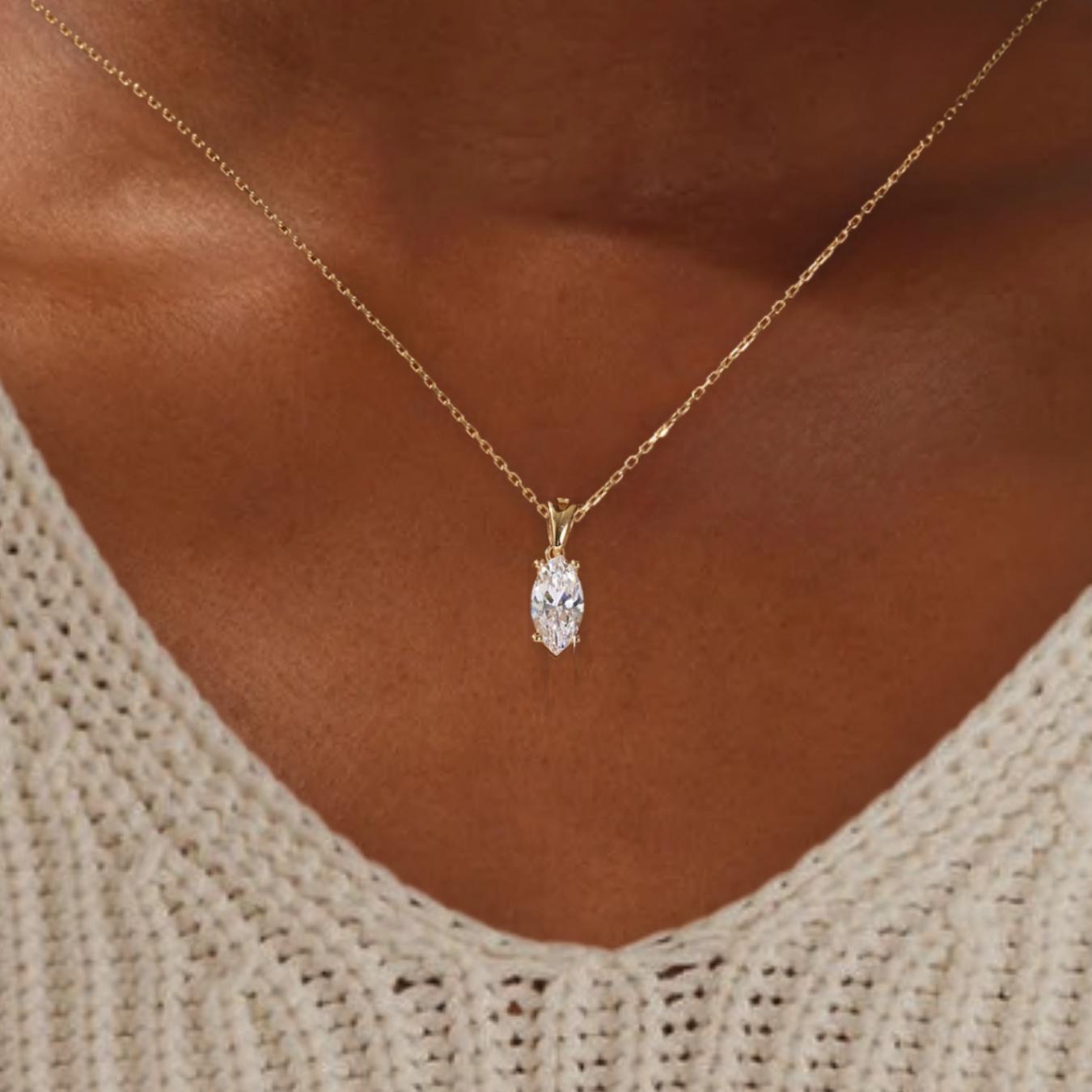14K Solid Gold Marquise Cut Solitaire Pendant Necklace for Women