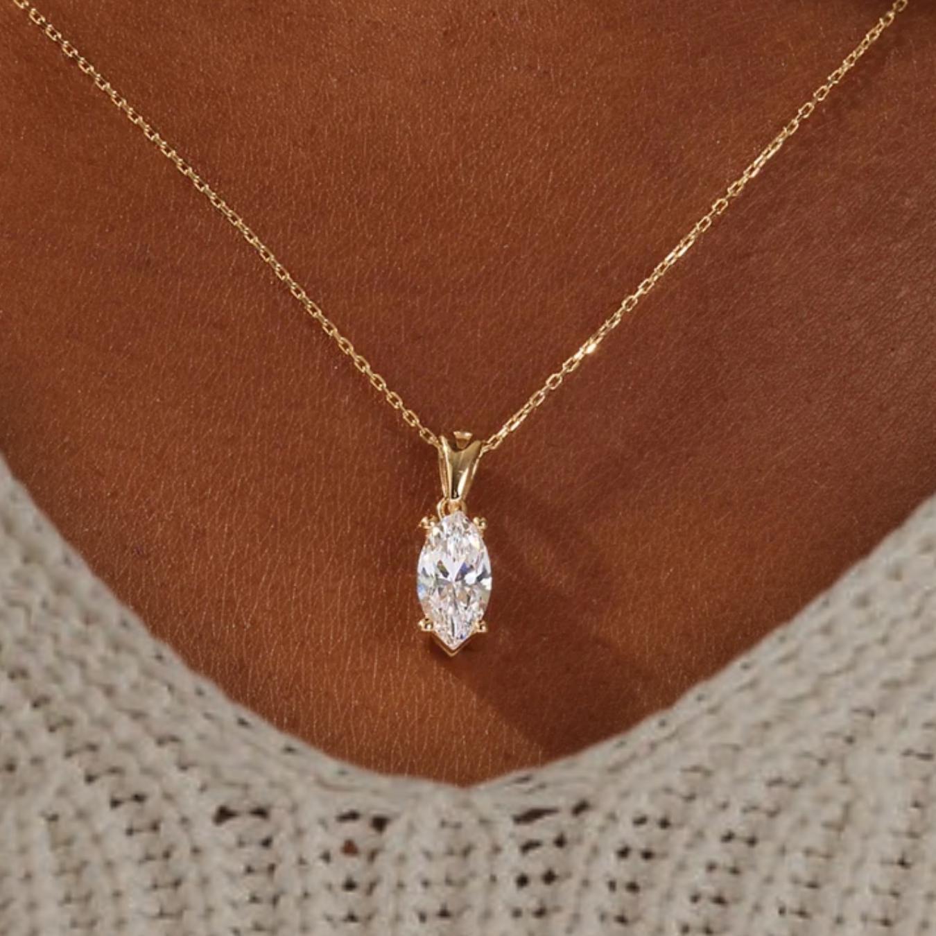 14K Solid Gold Marquise Cut Solitaire Pendant Necklace for Women