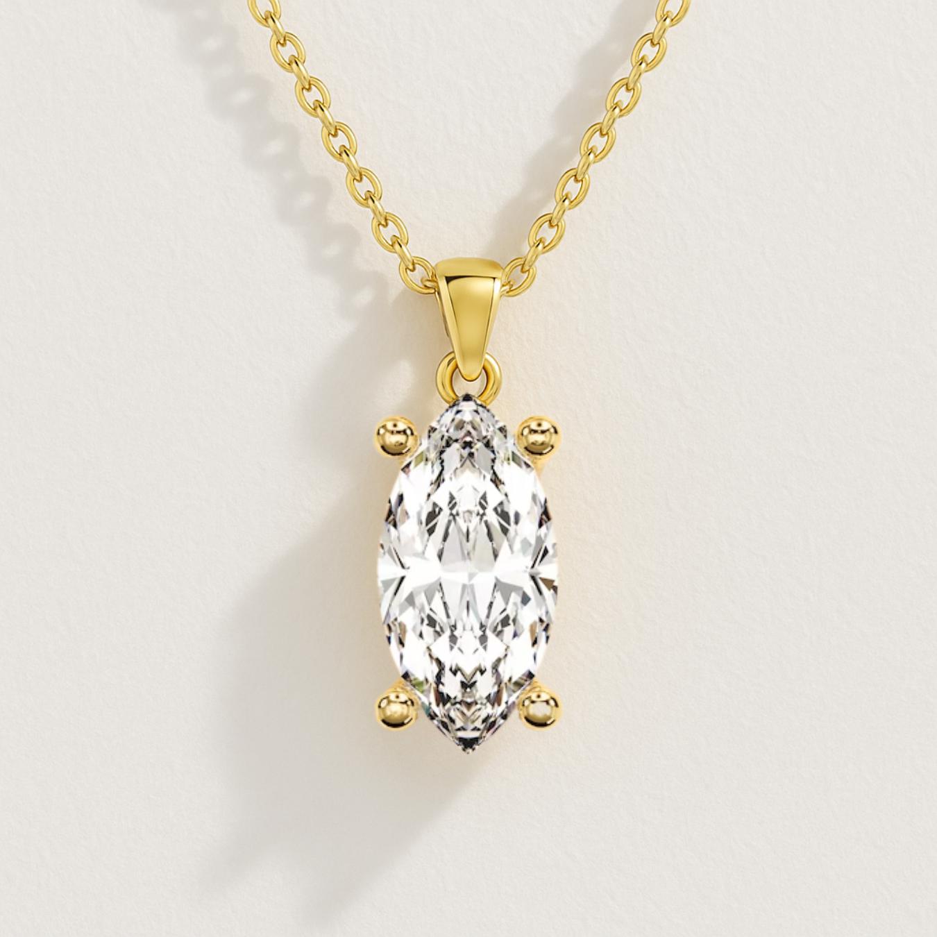 14K Solid Gold Marquise Cut Solitaire Pendant Necklace for Women