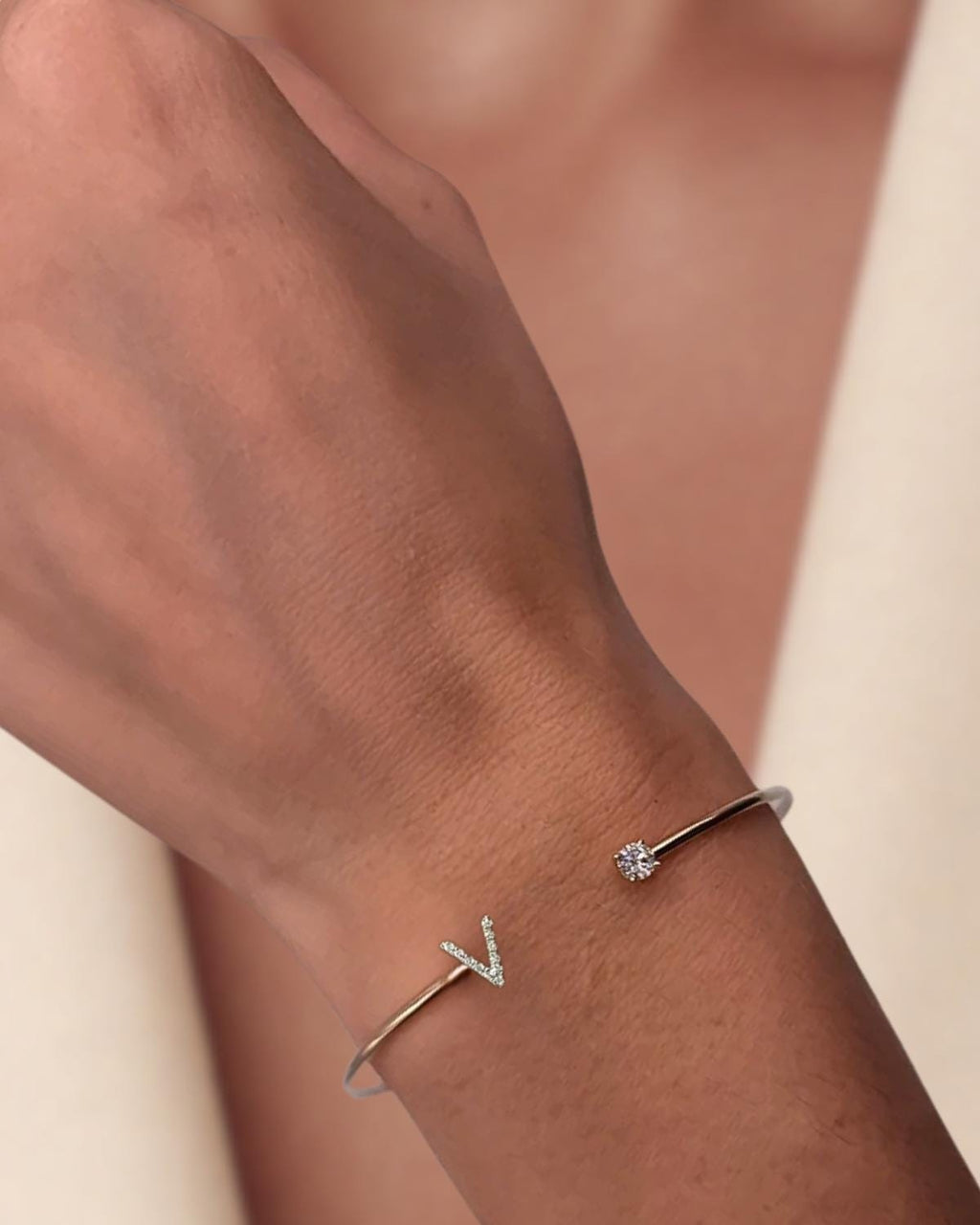 14Kt Gold Initial Open Cuff Diamond Letter Bracelet Bangle