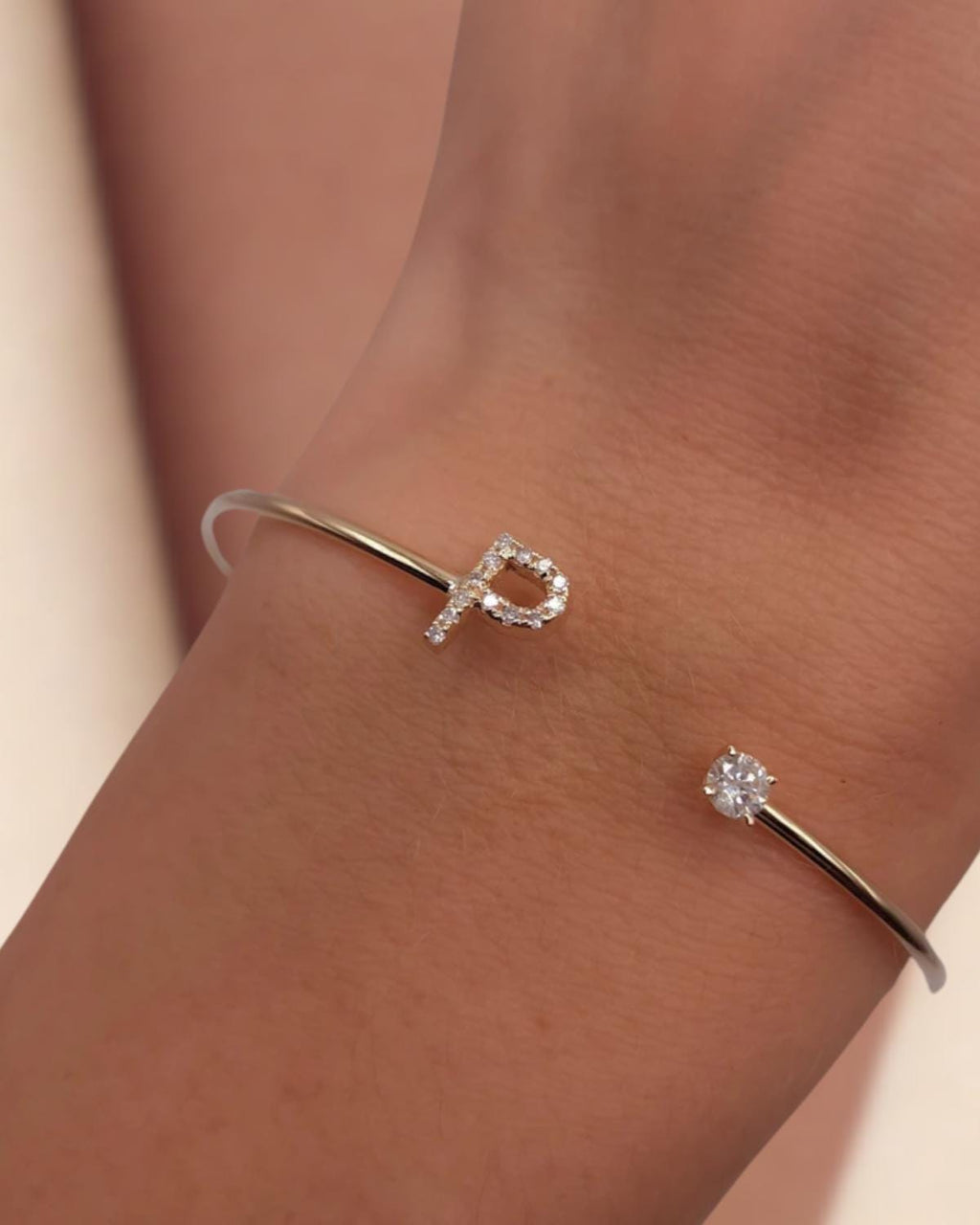 14Kt Gold Initial Open Cuff Diamond Letter Bracelet Bangle