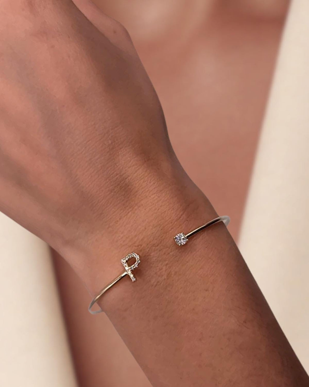 14Kt Gold Initial Open Cuff Diamond Letter Bracelet Bangle