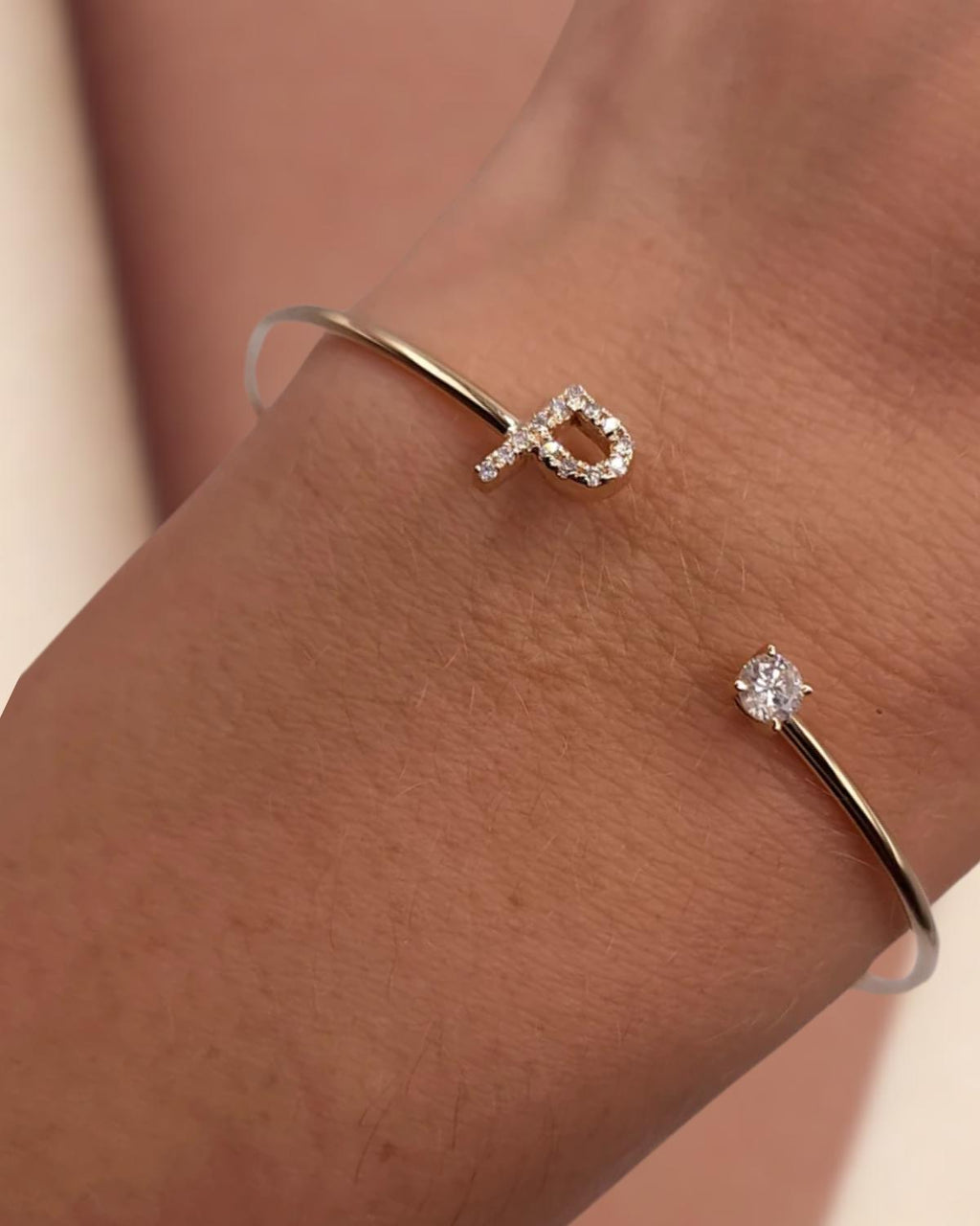 14Kt Gold Initial Open Cuff Diamond Letter Bracelet Bangle