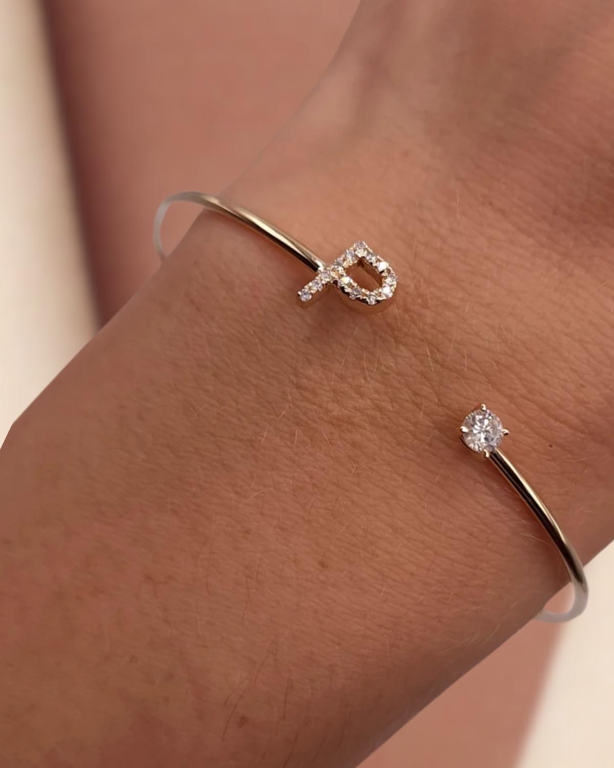 14Kt Gold Initial Open Cuff Diamond Letter Bracelet Bangle