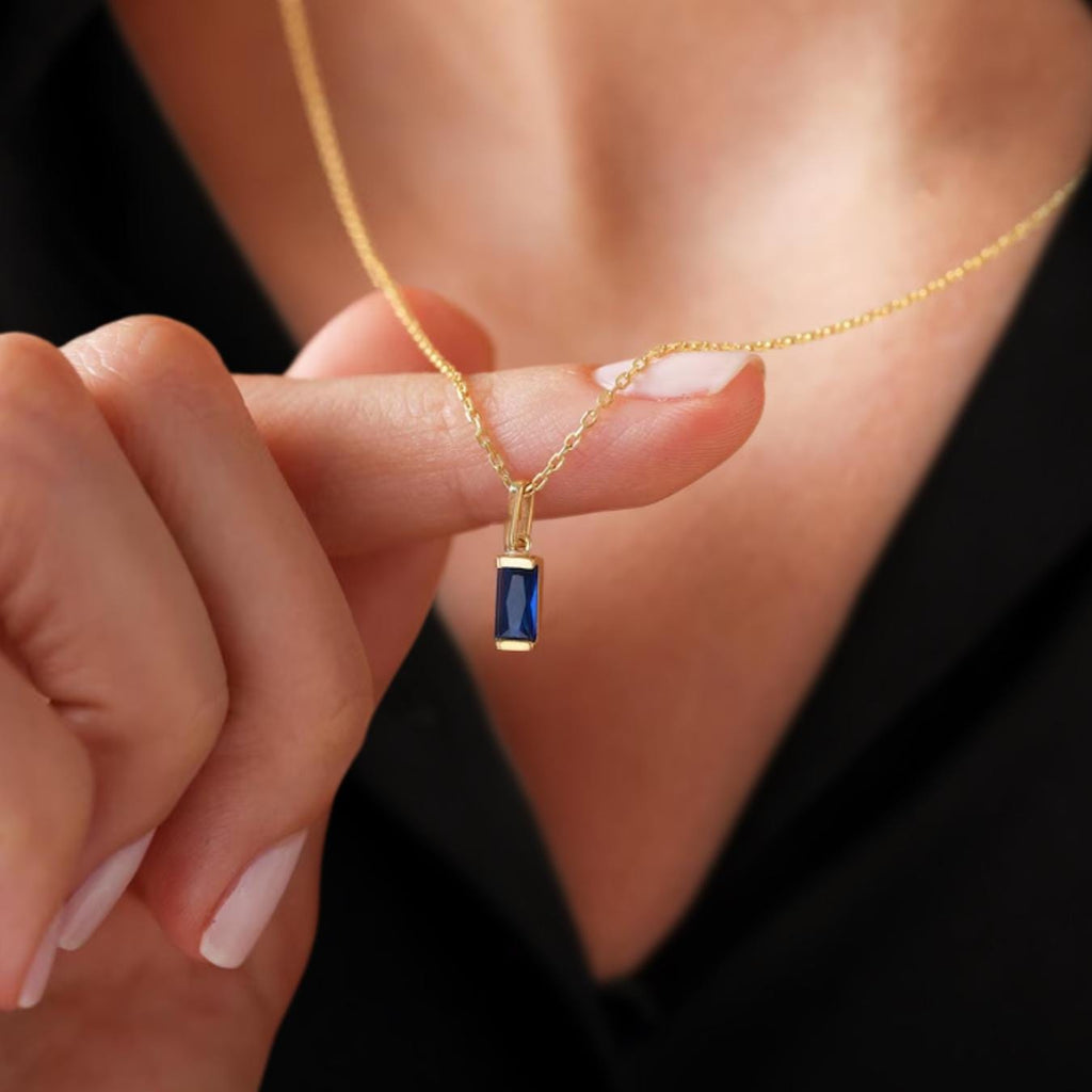 14K Blue Sapphire Pendant, Dainty Baguette Birthstone Necklace, September Birthstone