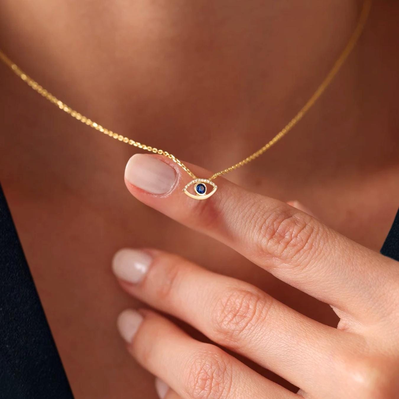Diamond Evil Eye Necklace for Women | 14k Real Solid Gold | Sapphire Evil Eye Charm | Nazar Evil Eye Diamond Pendant | Gift for Her