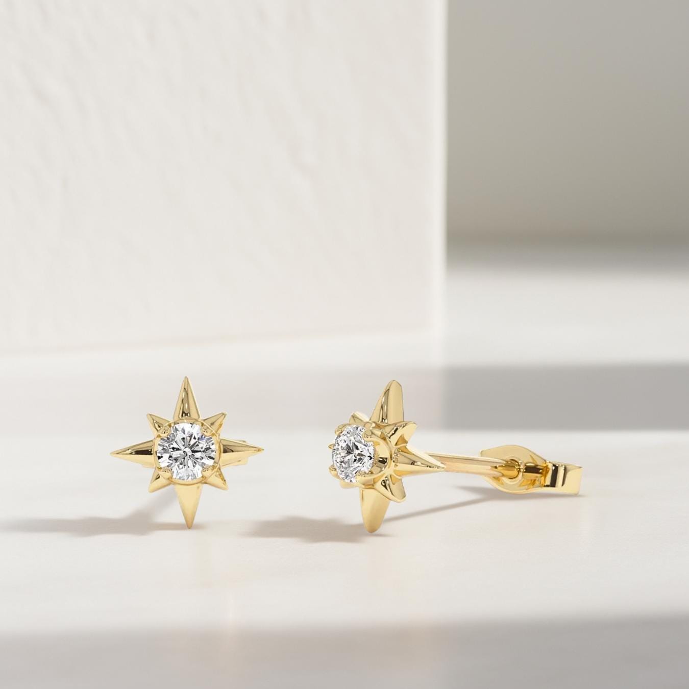14K Gold Diamond North Star Stud Earrings: Minimalist Starburst Design
