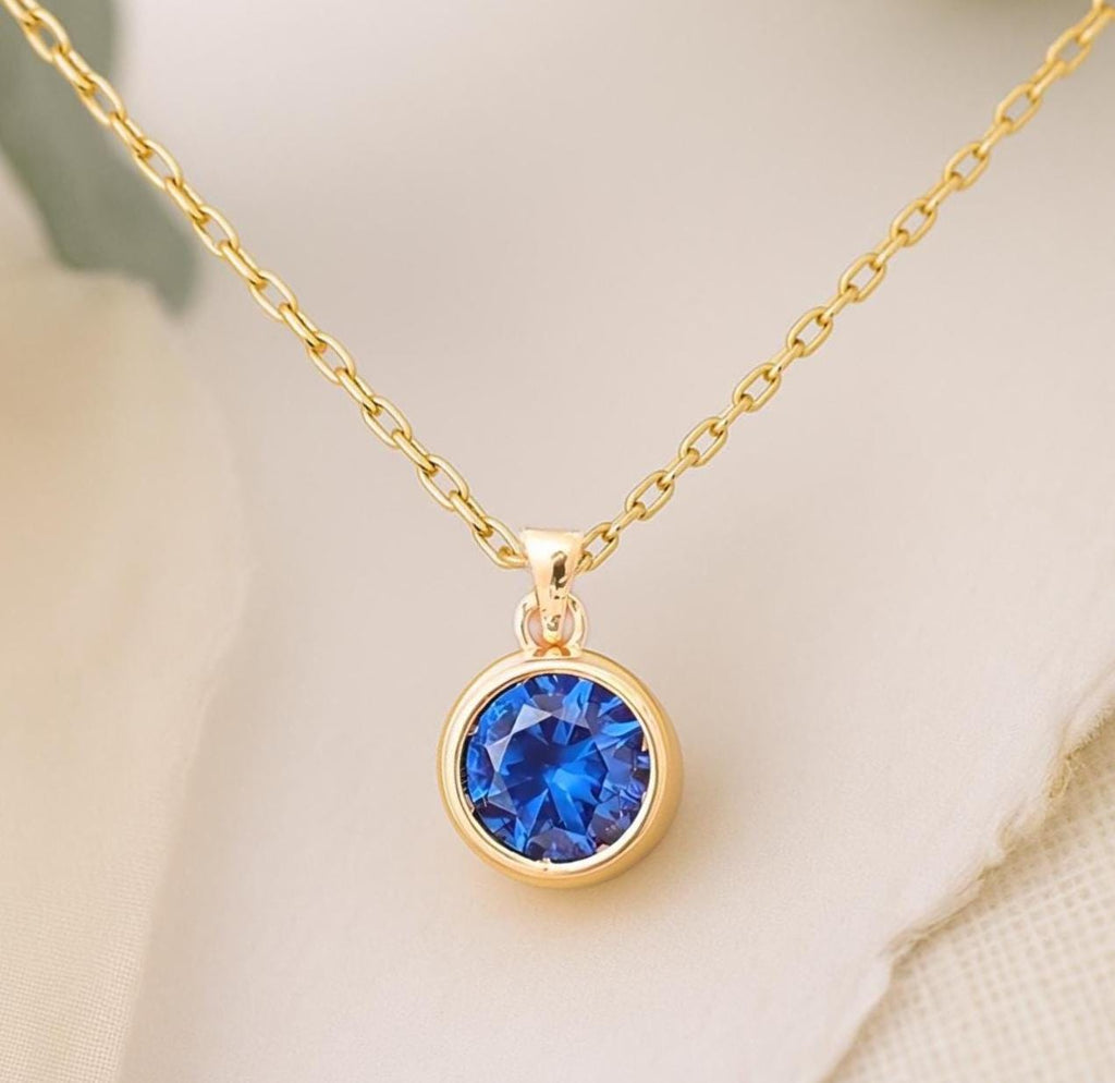 Round Sapphire Bezel Necklace 14K Solid Gold, May Birthstone Charm Pendant, Perfect Gift for mom , Birthdays and Special Occasions