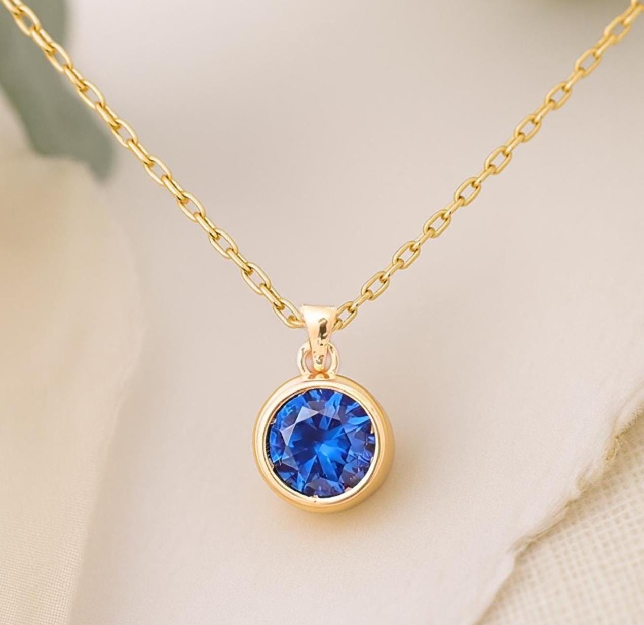 Round Sapphire Bezel Necklace 14K Solid Gold, May Birthstone Charm Pendant, Perfect Gift for mom , Birthdays and Special Occasions