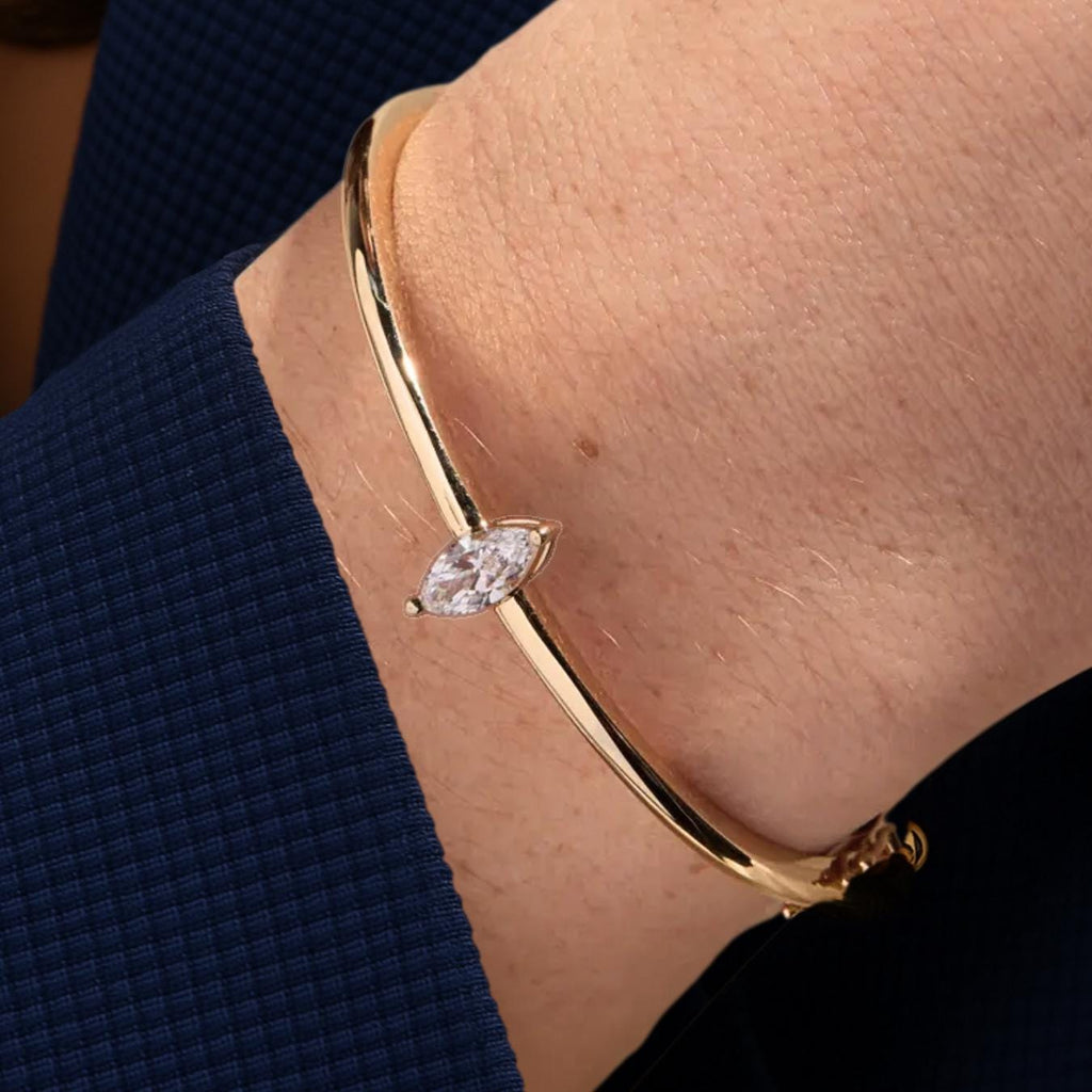 0.70 Carat Marquise Lab Grown Diamond Center Stone 14K Gold Bangle / Minimalist Diamond Bracelet