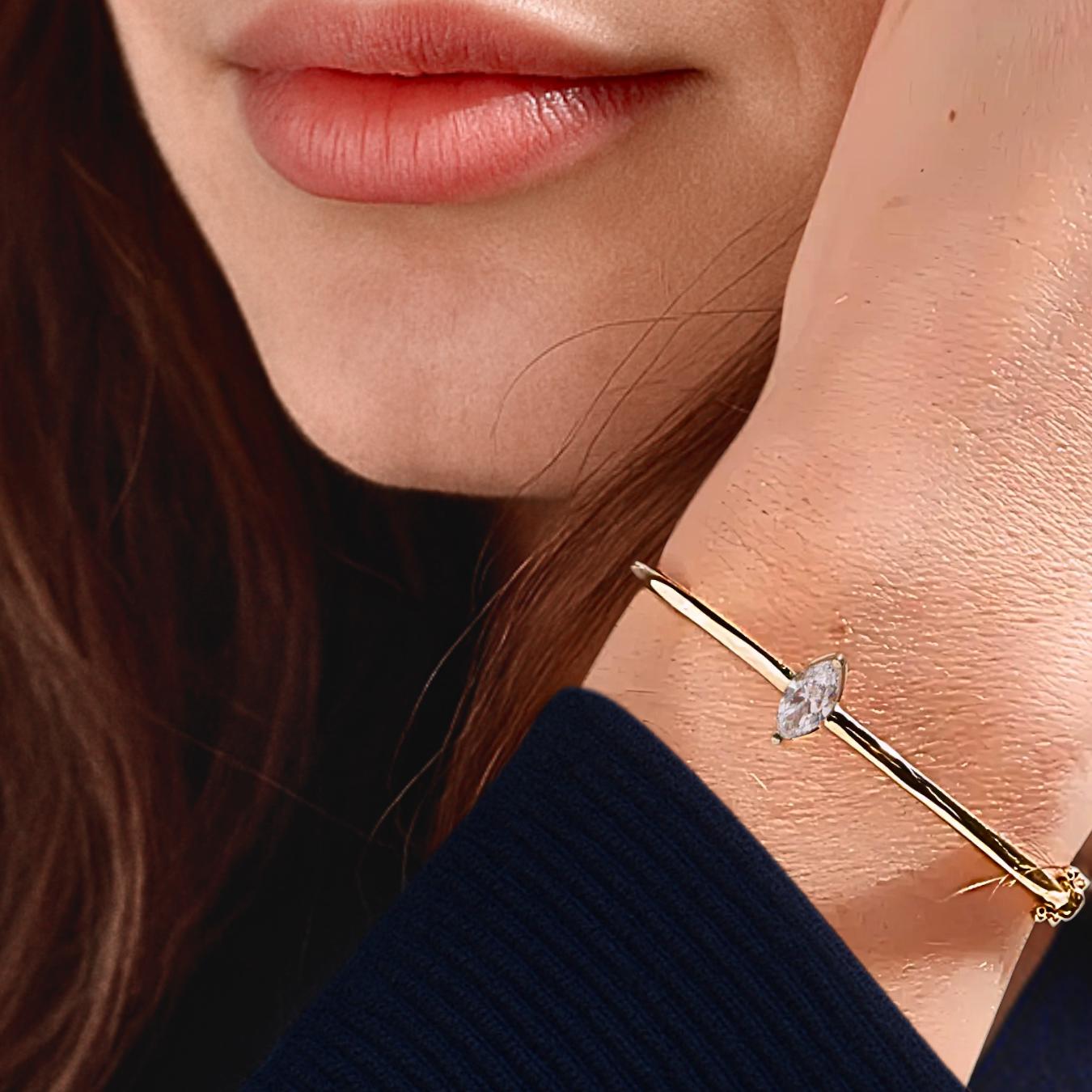 0.70 Carat Marquise Lab Grown Diamond Center Stone 14K Gold Bangle / Minimalist Diamond Bracelet