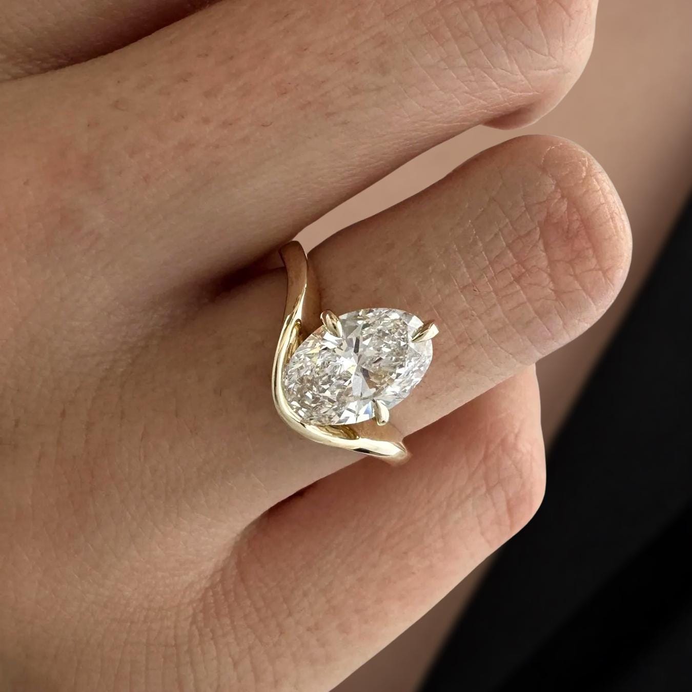 2 Carat Oval Unique Lab Grown Diamond Curved Solitaire Engagement Ring, 14K Gold Nesting Diamond Proposal Ring
