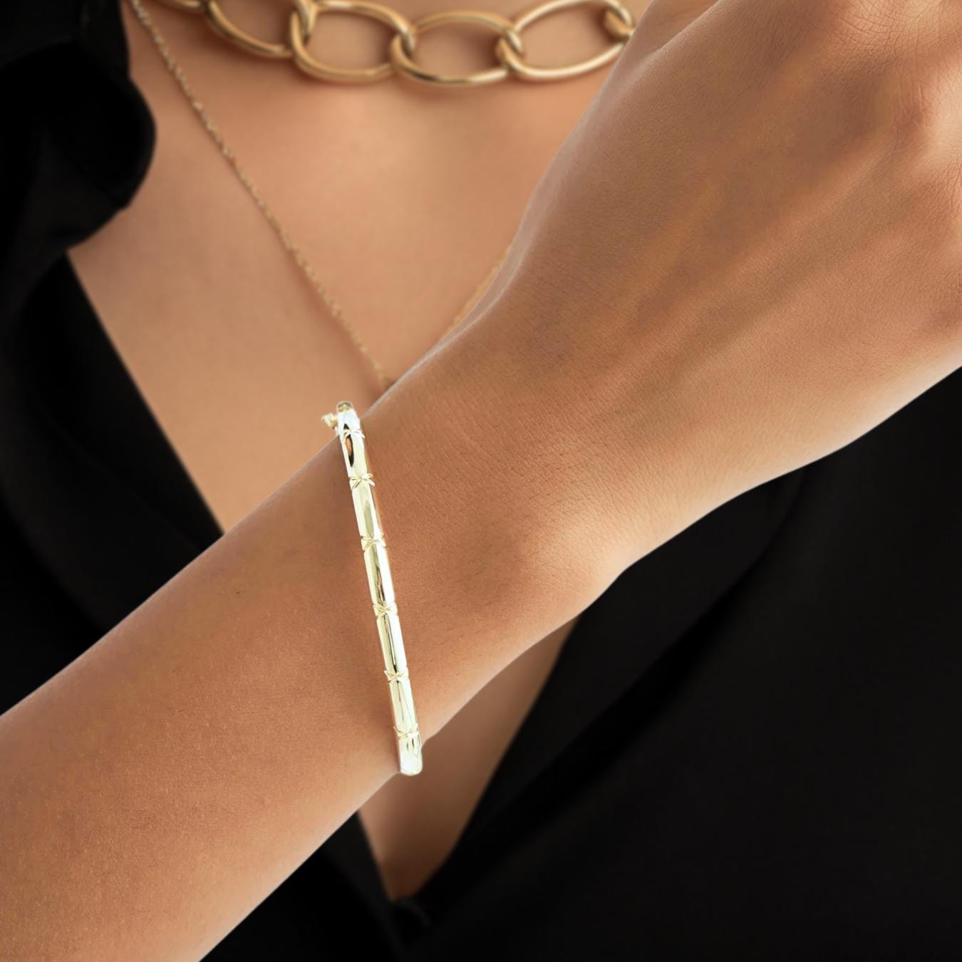14K Gold Starburst Bangle, Layering Lab Diamond Starburst Bracelet, Gift for Mom